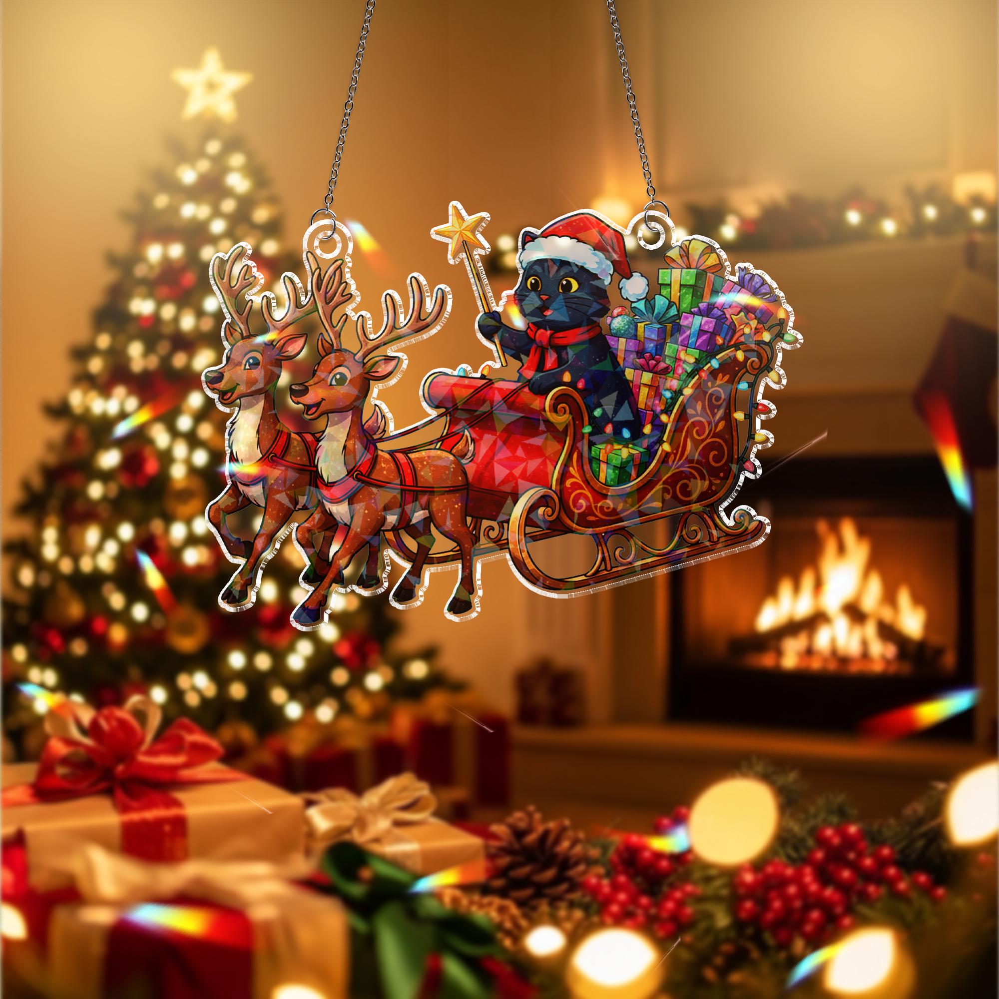 Black Cat Santa Sleigh Acrylic Window Hanging: Hologram Christmas Decoration