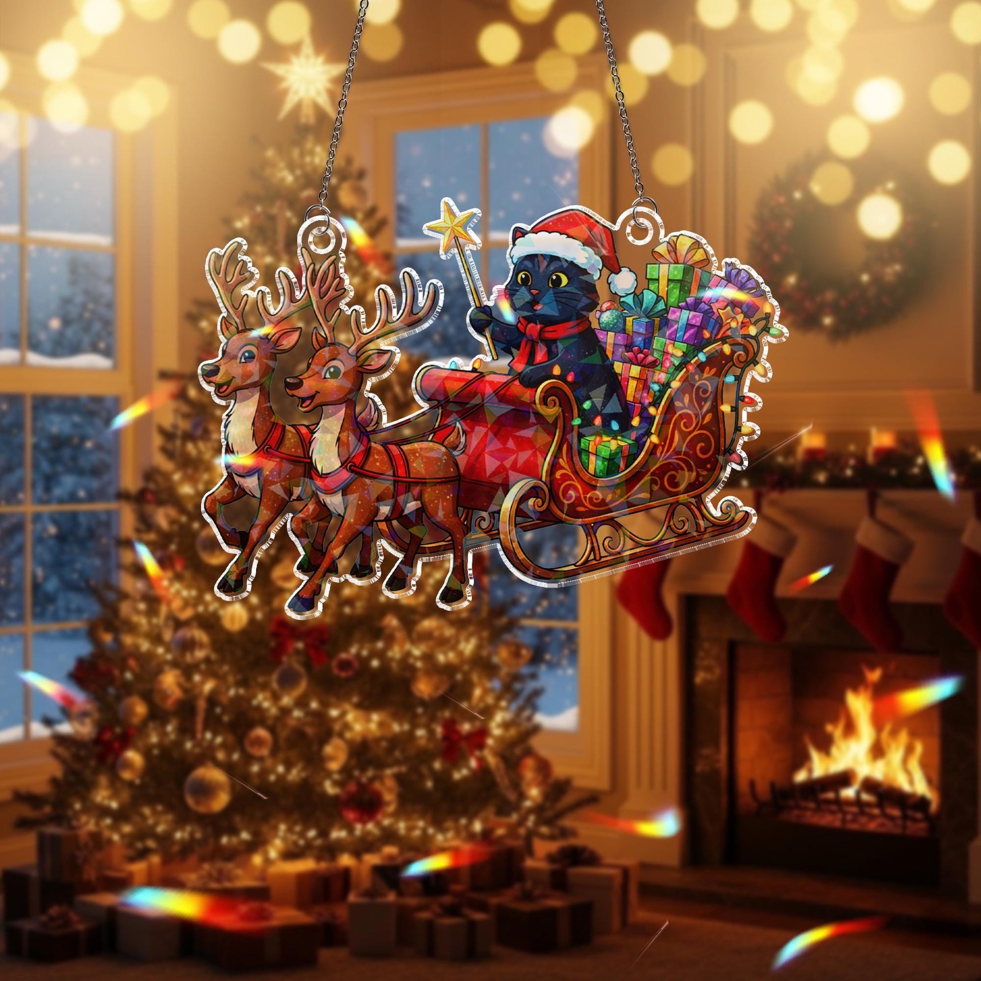 Black Cat Santa Sleigh Acrylic Window Hanging: Hologram Christmas Decoration