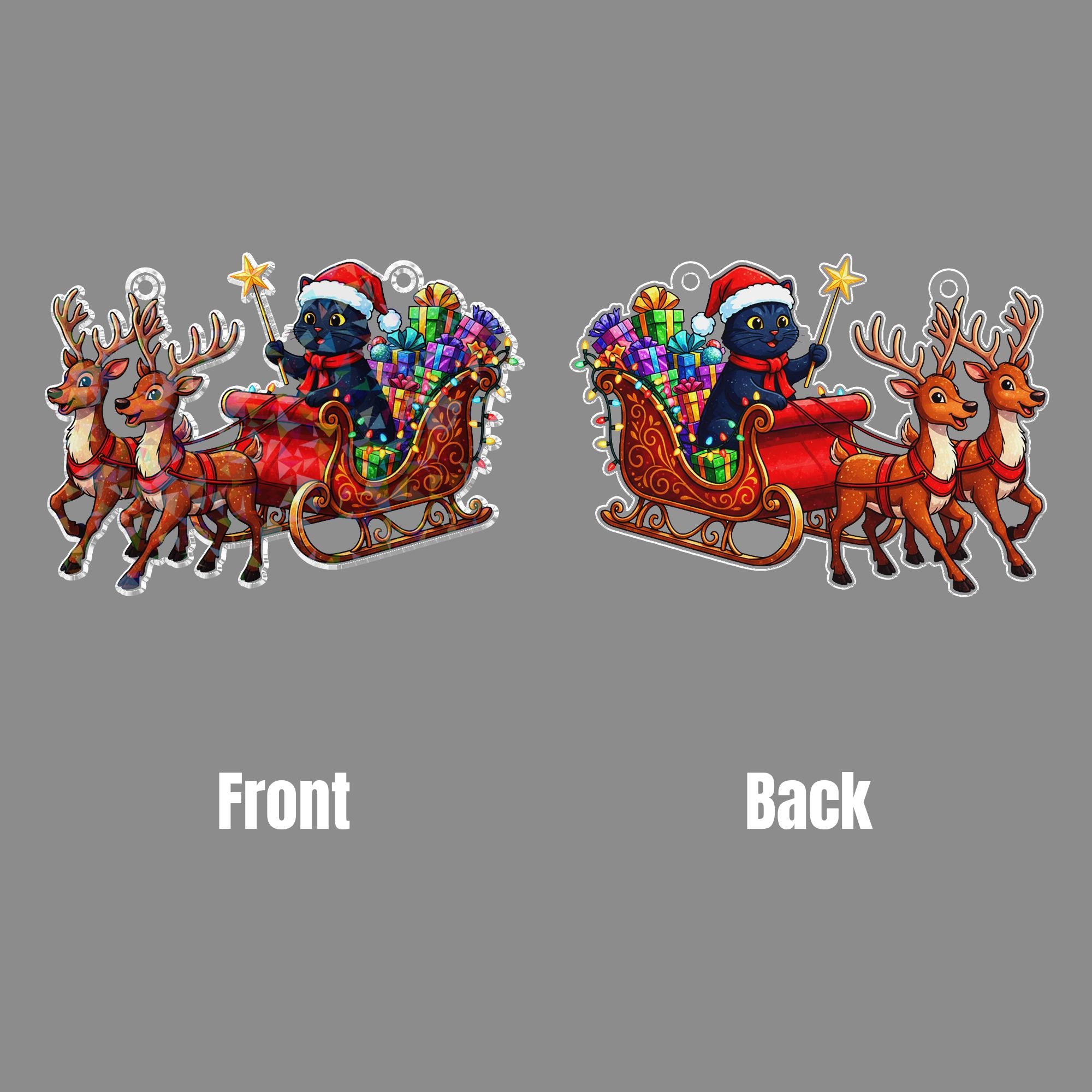 Black Cat Santa Sleigh Acrylic Window Hanging: Hologram Christmas Decoration