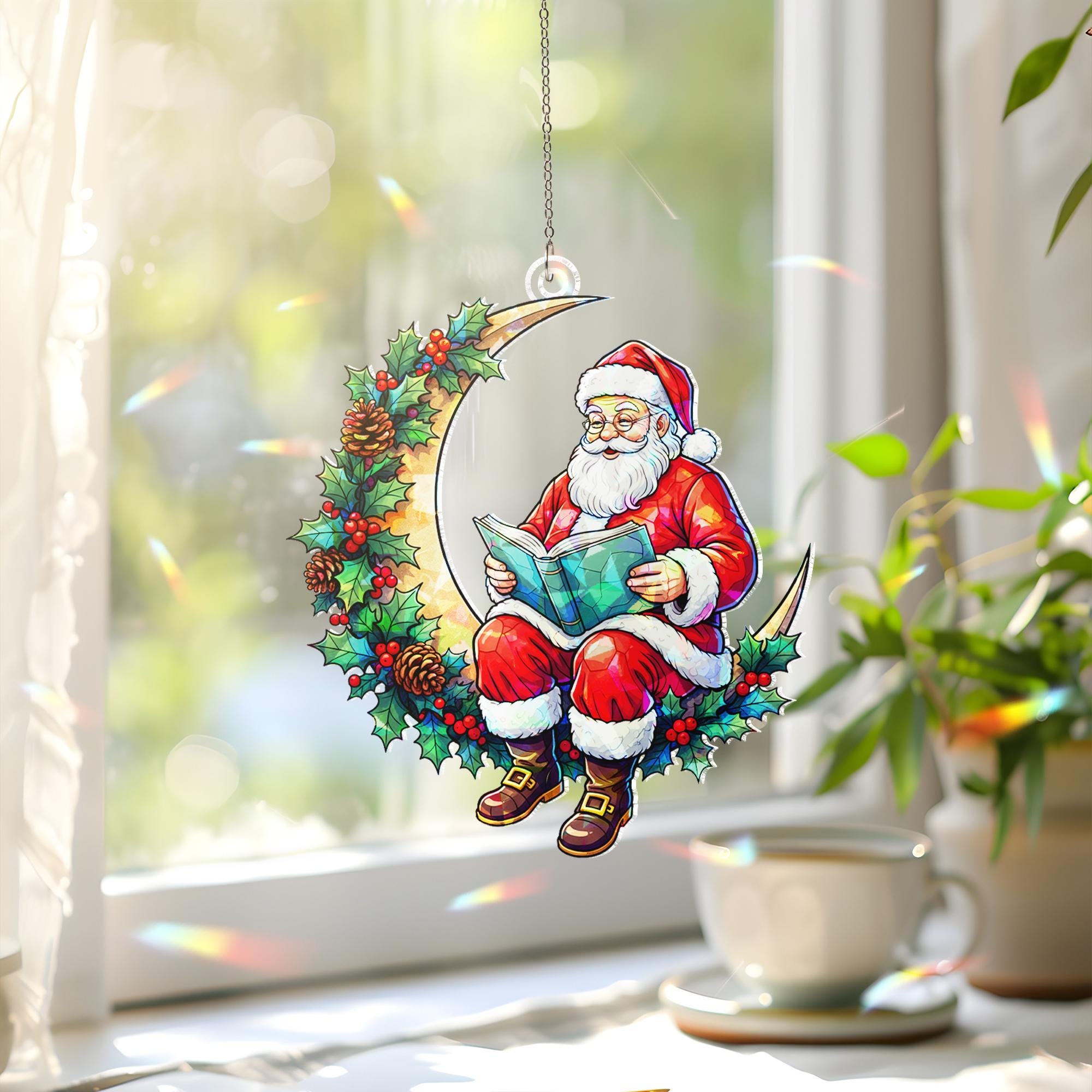 Santa on Moon Acrylic Window Hanging: Christmas Window Suncatcher