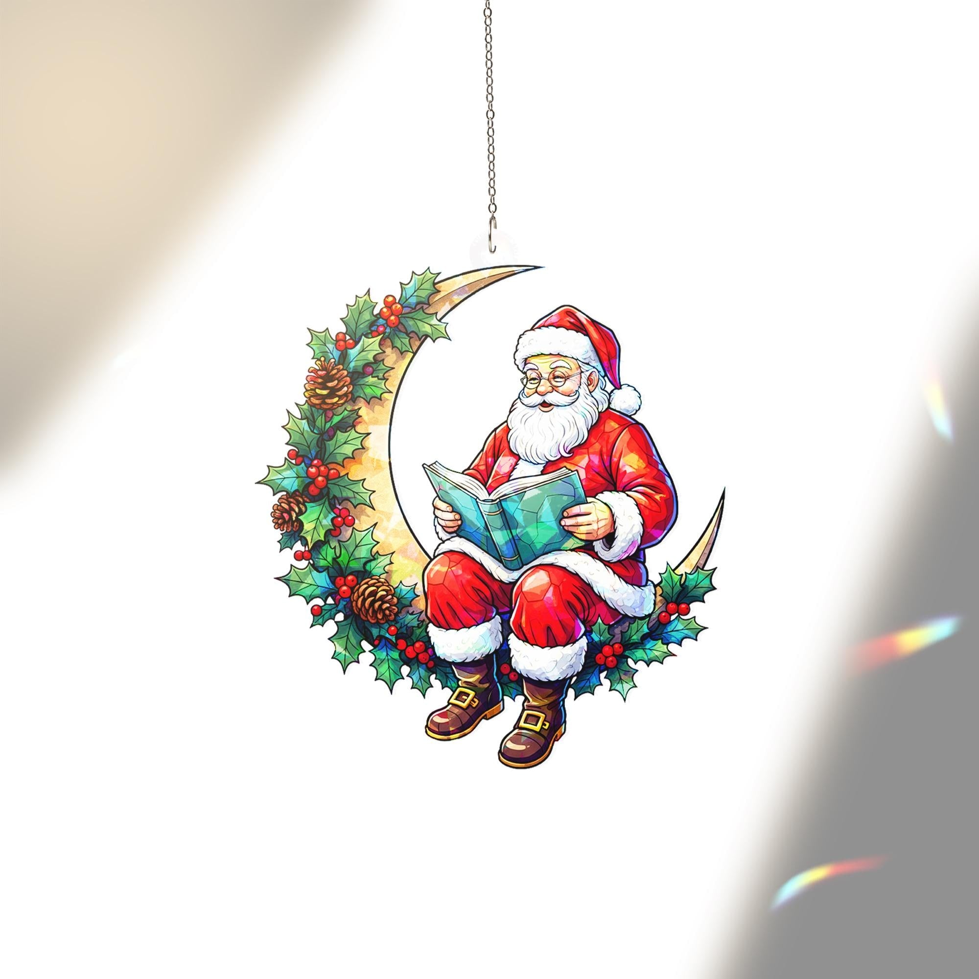 Santa on Moon Acrylic Window Hanging: Christmas Window Suncatcher