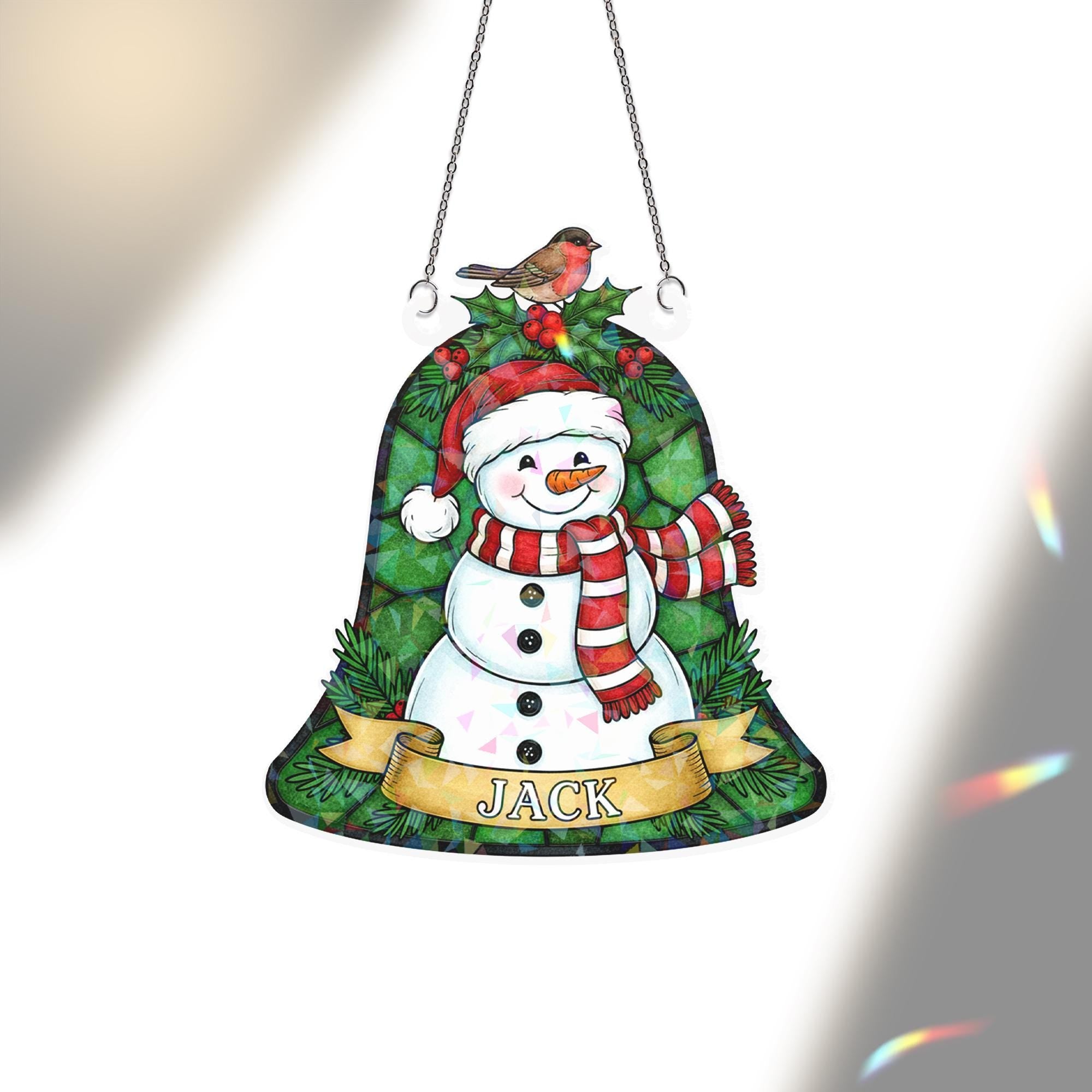 Personalized Snowman Bell Acrylic Window Hanging: Hologram Christmas Decoration