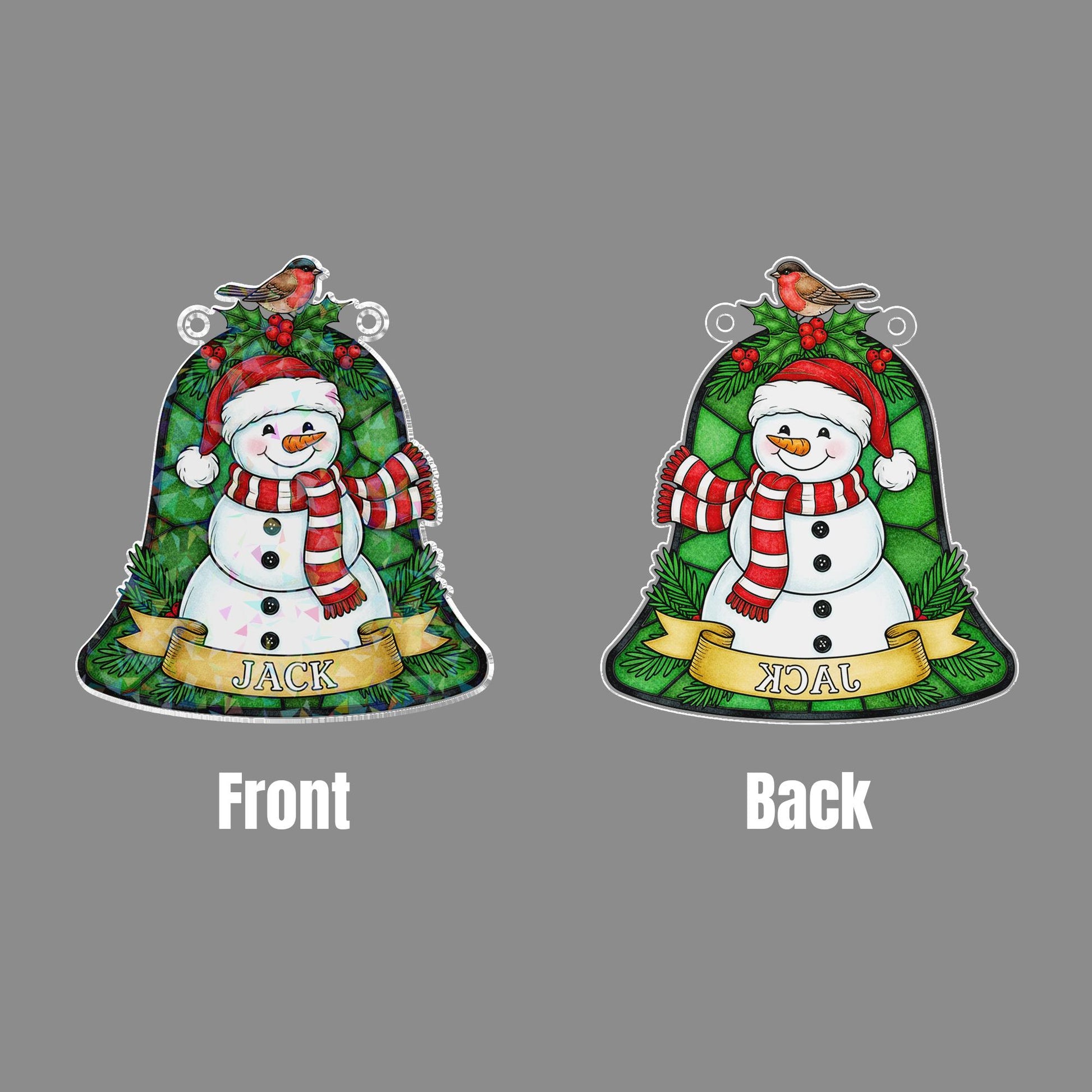 Personalized Snowman Bell Acrylic Window Hanging: Hologram Christmas Decoration