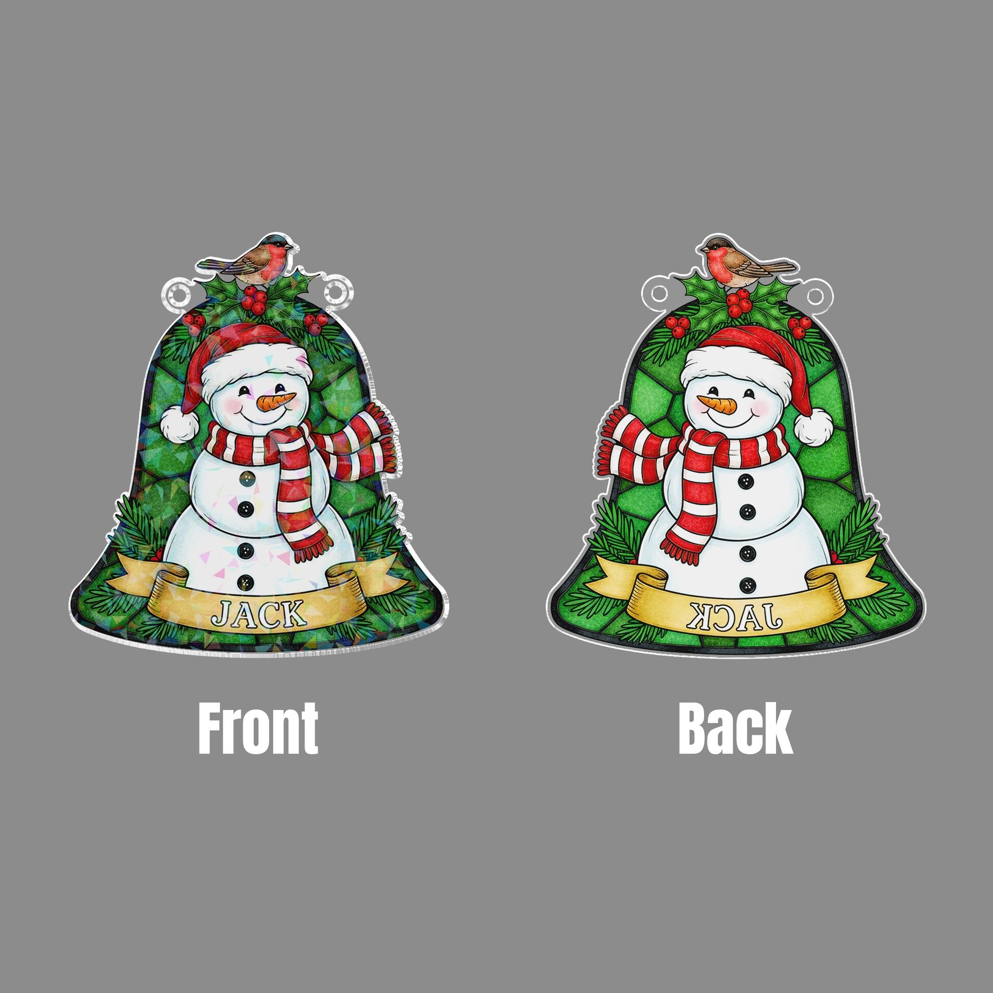 Personalized Snowman Bell Acrylic Window Hanging: Hologram Christmas Decoration