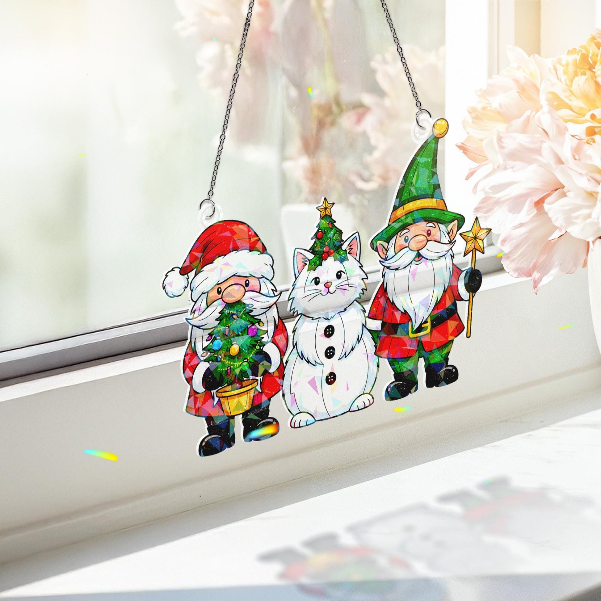 Santa Cat Gnome Acrylic Window Hanging: Hologram Christmas Decoration