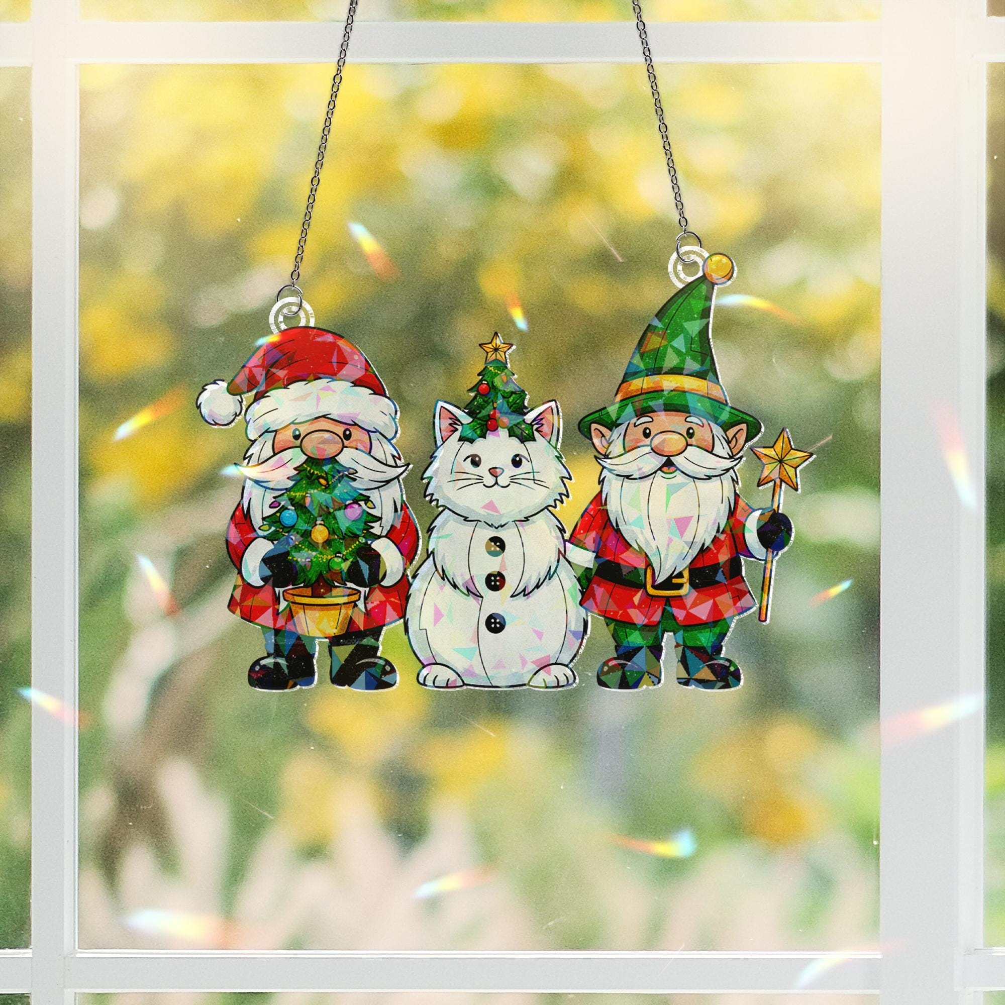Santa Cat Gnome Acrylic Window Hanging: Hologram Christmas Decoration