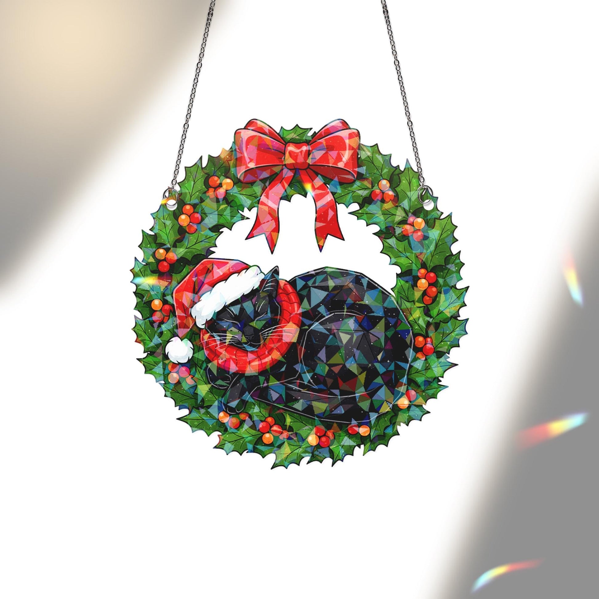 Black Cat Wreath Acrylic Window Hanging: Hologram Christmas Decoration