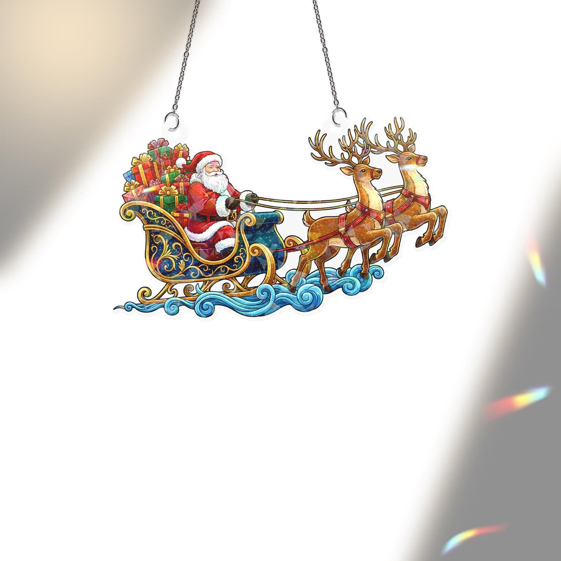 Santa Sleigh Acrylic Window Hanging: Hologram Christmas Decoration