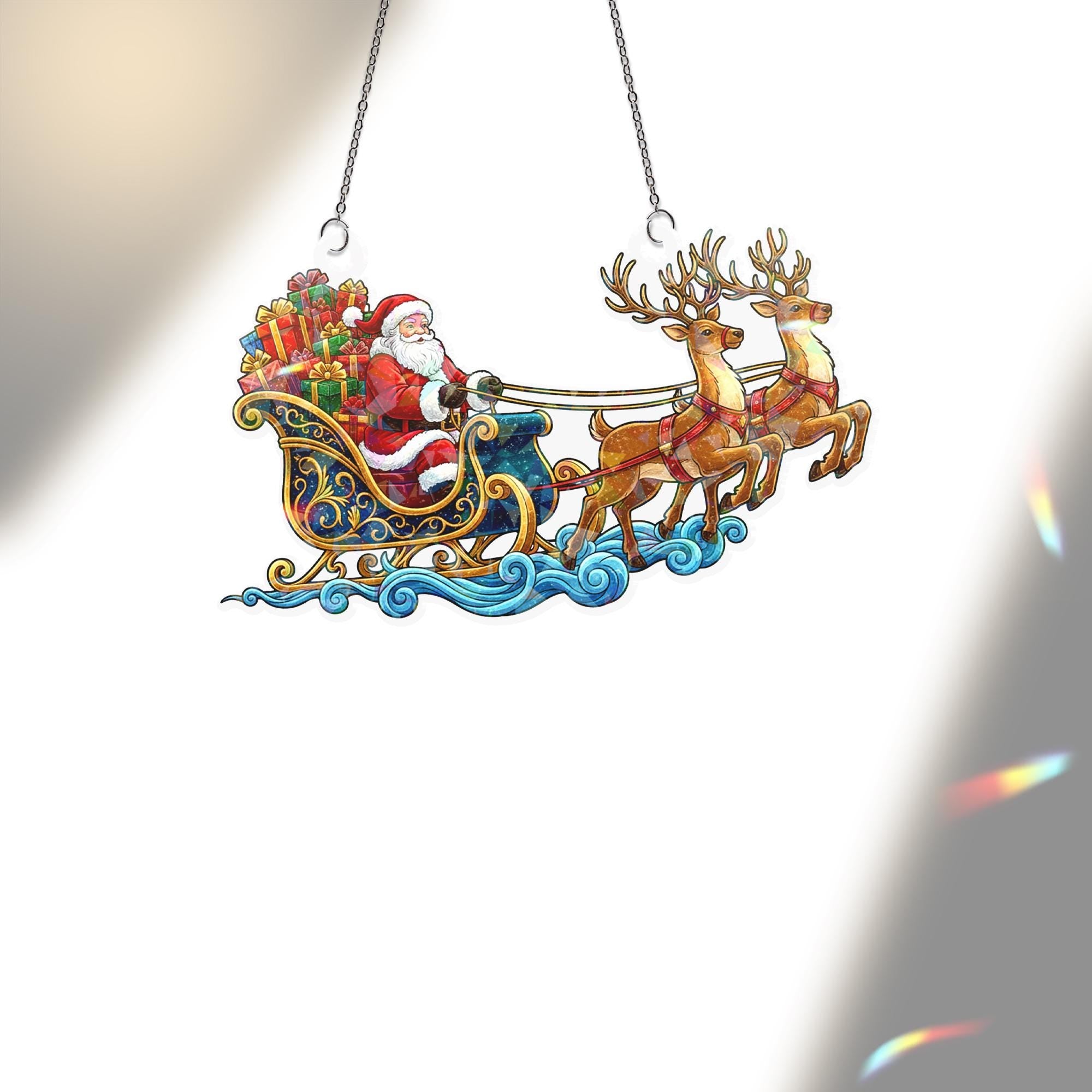 Santa Sleigh Acrylic Window Hanging: Hologram Christmas Decoration