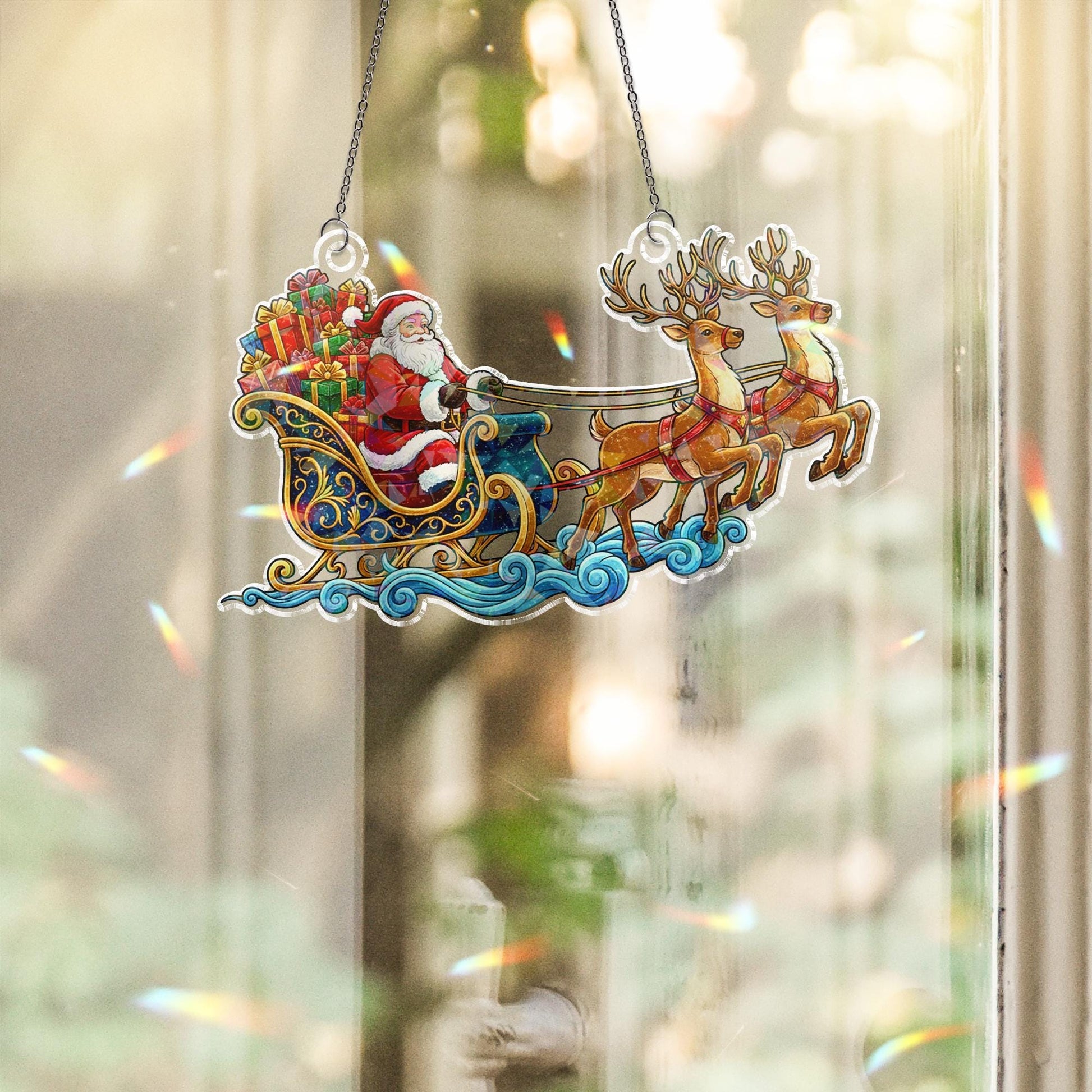 Santa Sleigh Acrylic Window Hanging: Hologram Christmas Decoration