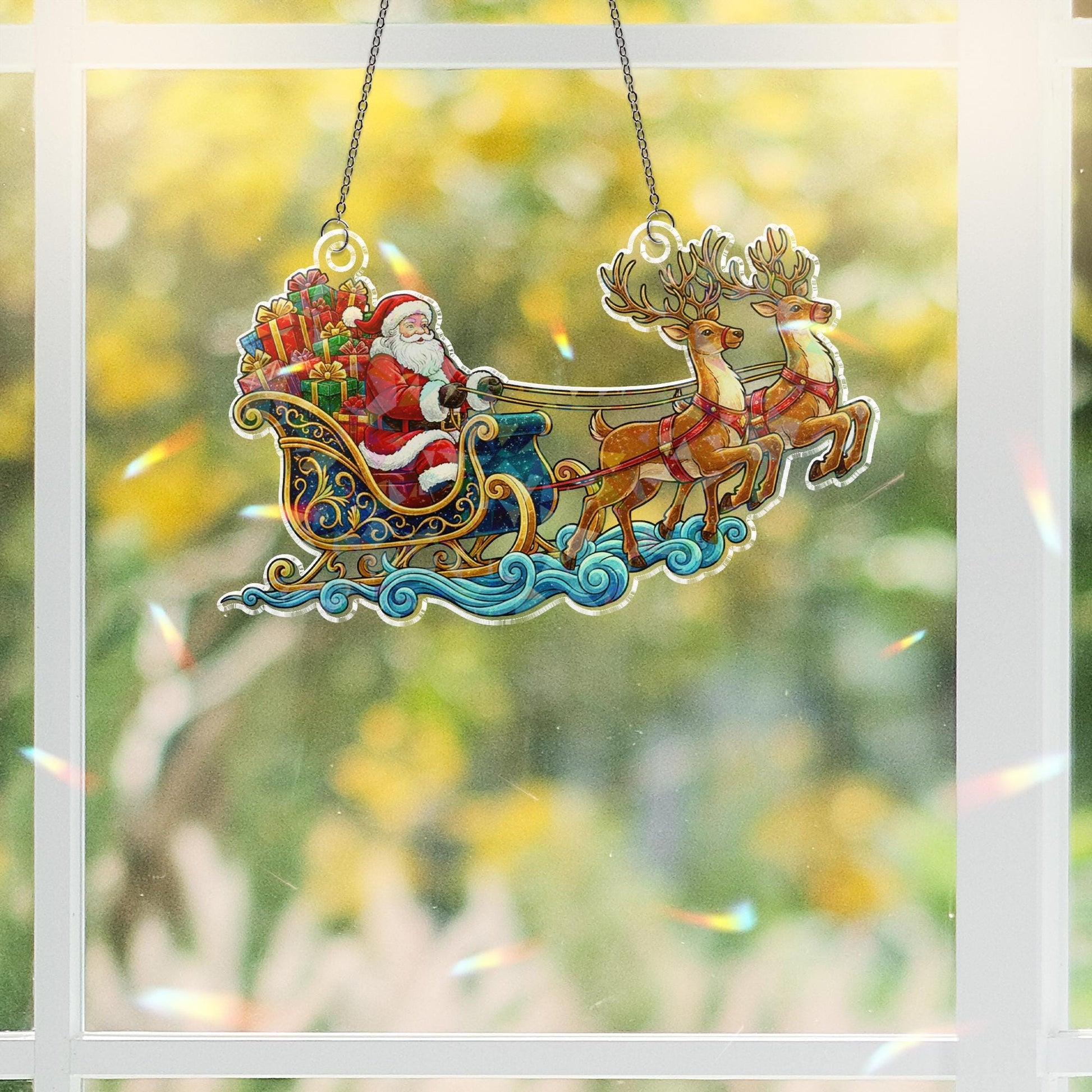 Santa Sleigh Acrylic Window Hanging: Hologram Christmas Decoration