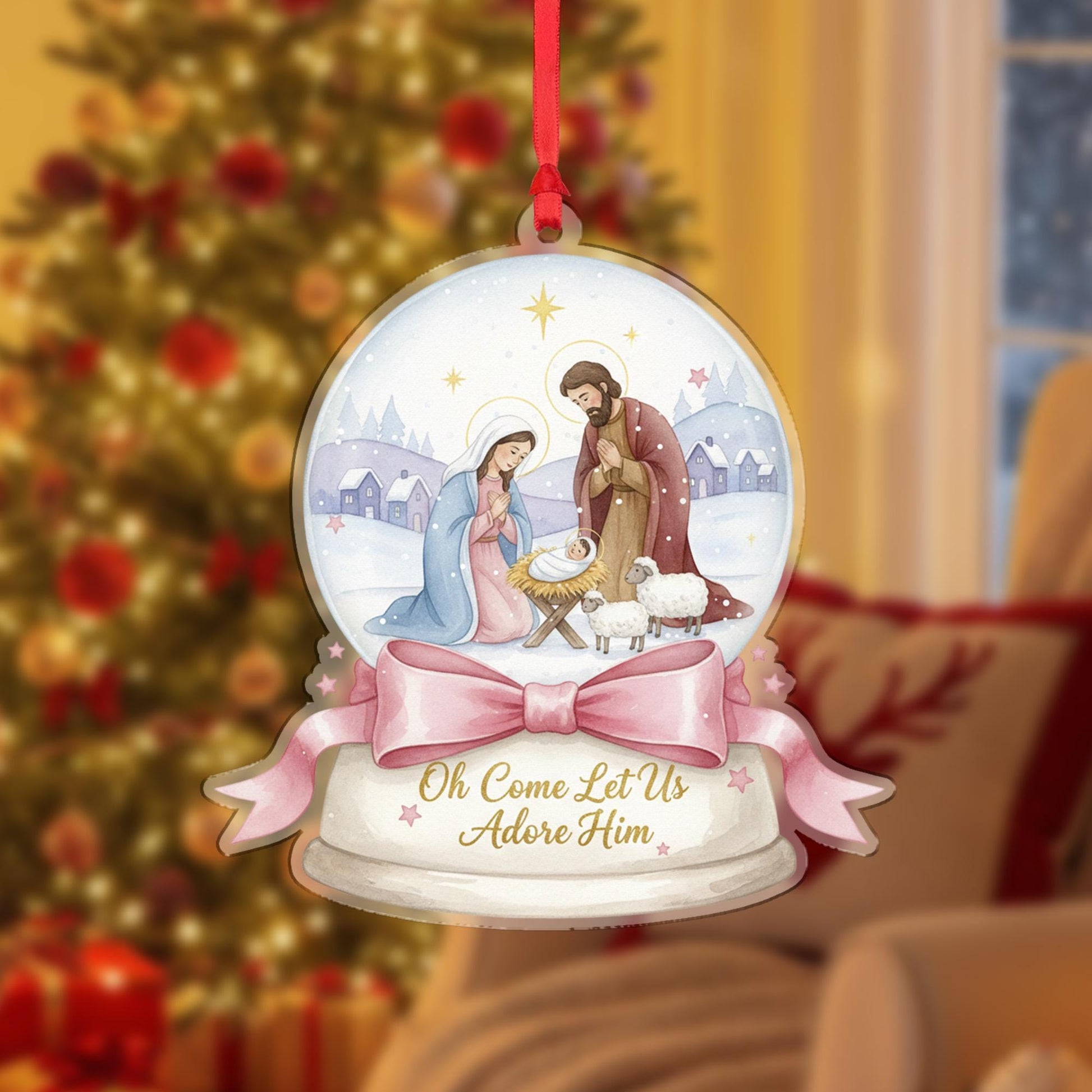 Nativity Snow Globe Ornament - Let Us Adore Him Religious Christmas Gift