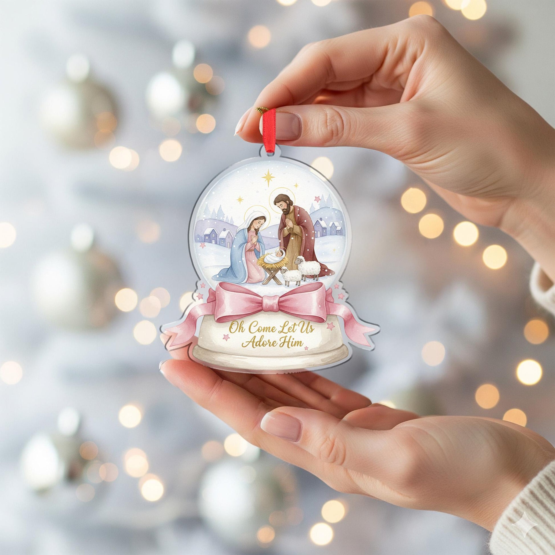 Nativity Snow Globe Ornament - Let Us Adore Him Religious Christmas Gift