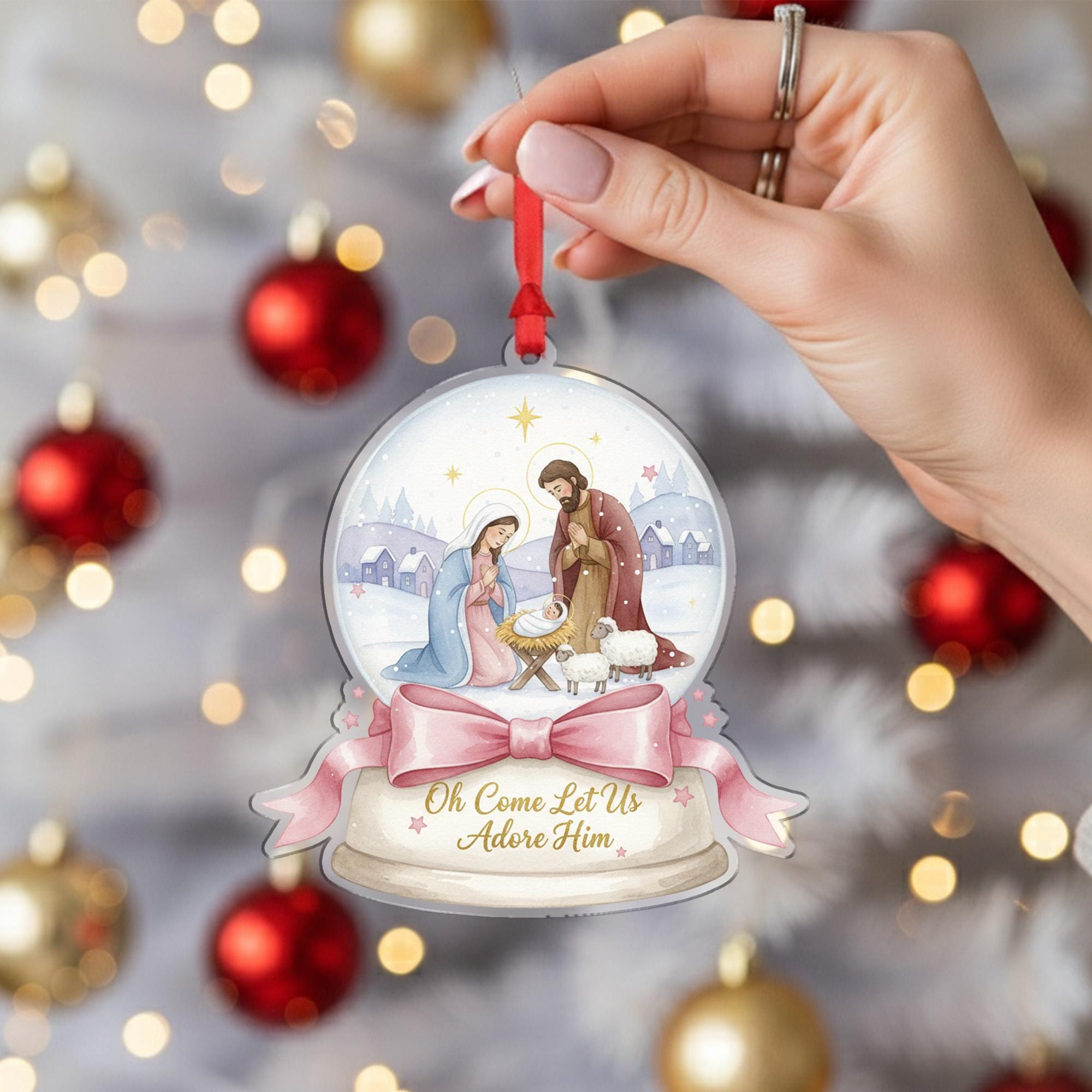 Nativity Snow Globe Ornament - Let Us Adore Him Religious Christmas Gift