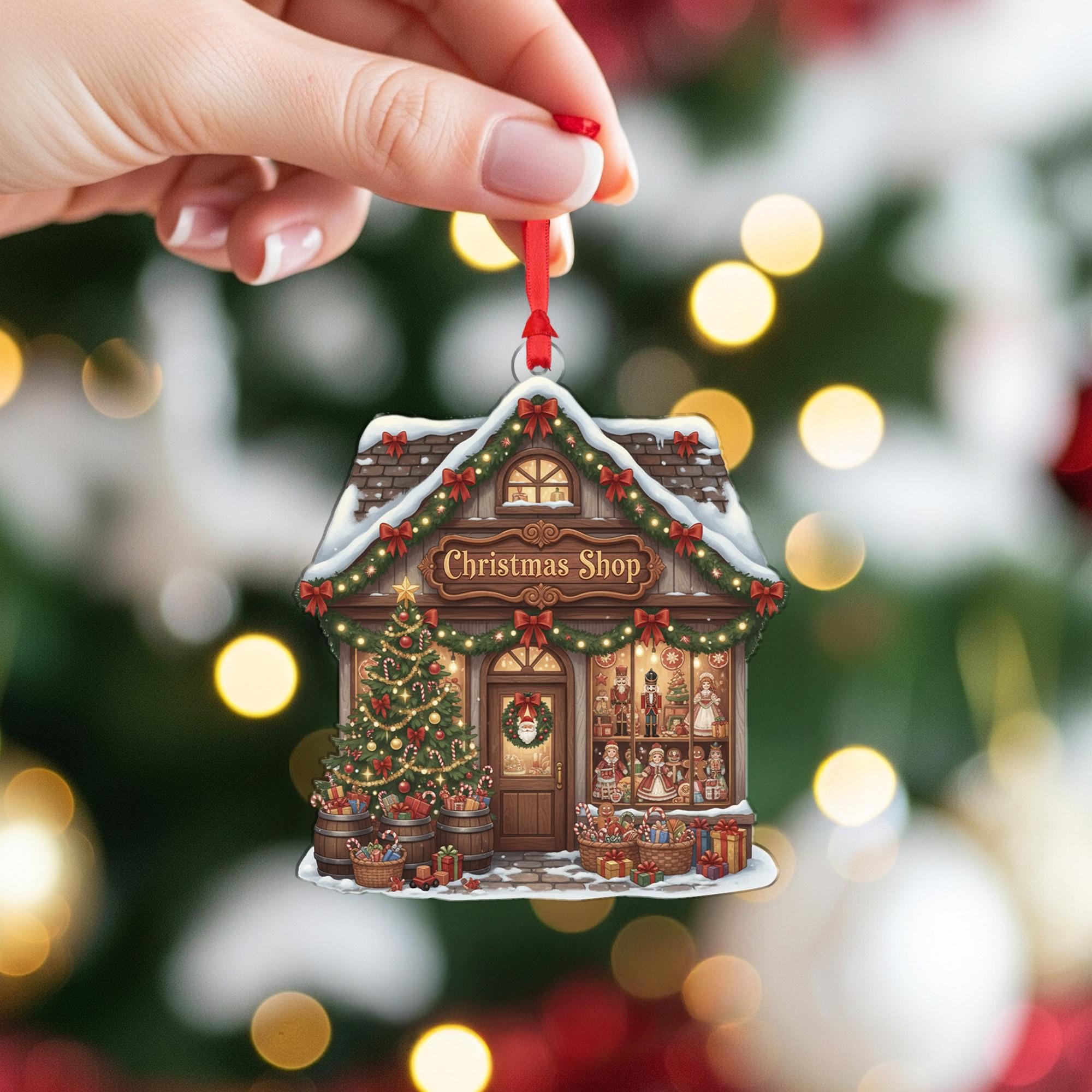 Custom Christmas Shop Ornament - Cozy Village Toy Store Holiday Keepsake Gift