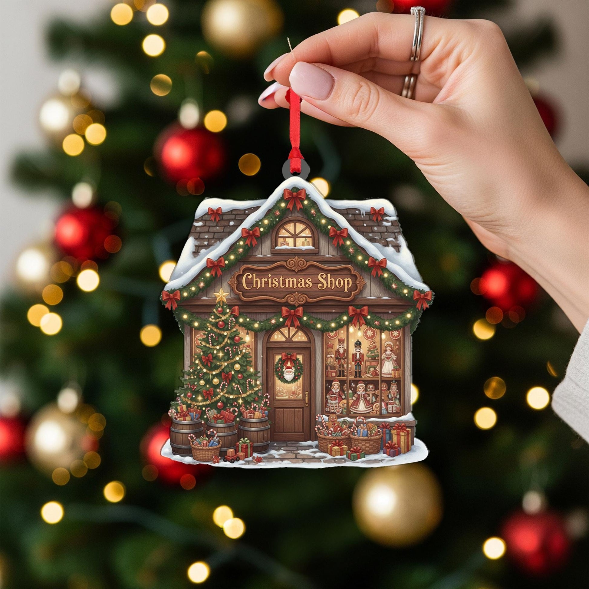 Custom Christmas Shop Ornament - Cozy Village Toy Store Holiday Keepsake Gift
