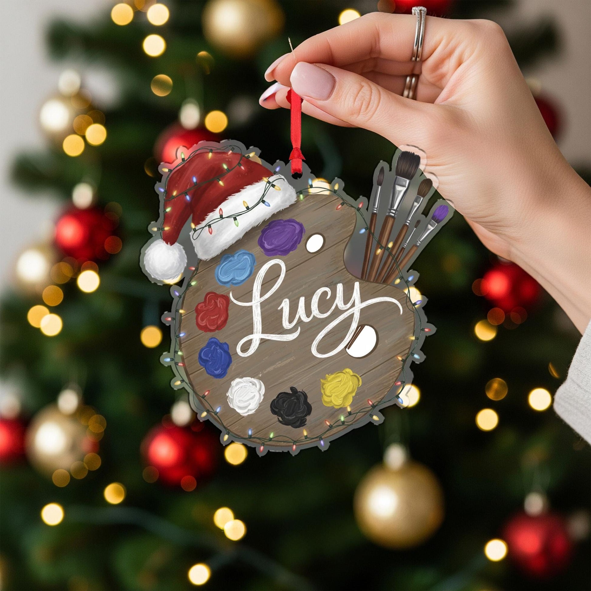 Personalized Artist Palette Christmas Acrylic Ornament; Custom Name Paint Brush Decor