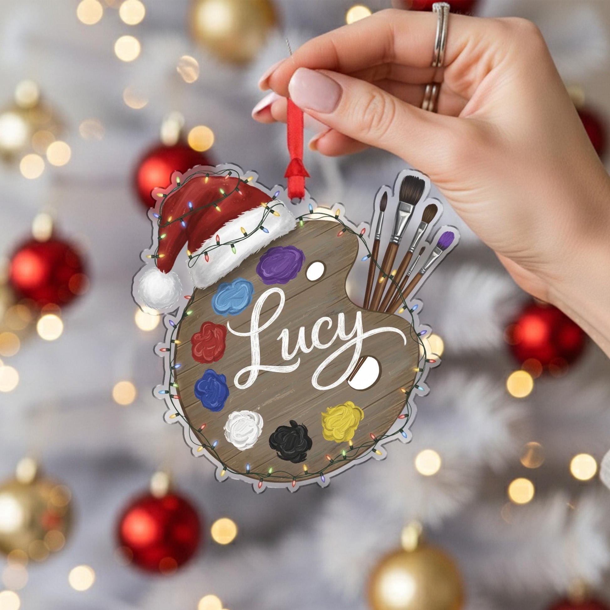 Personalized Artist Palette Christmas Acrylic Ornament; Custom Name Paint Brush Decor