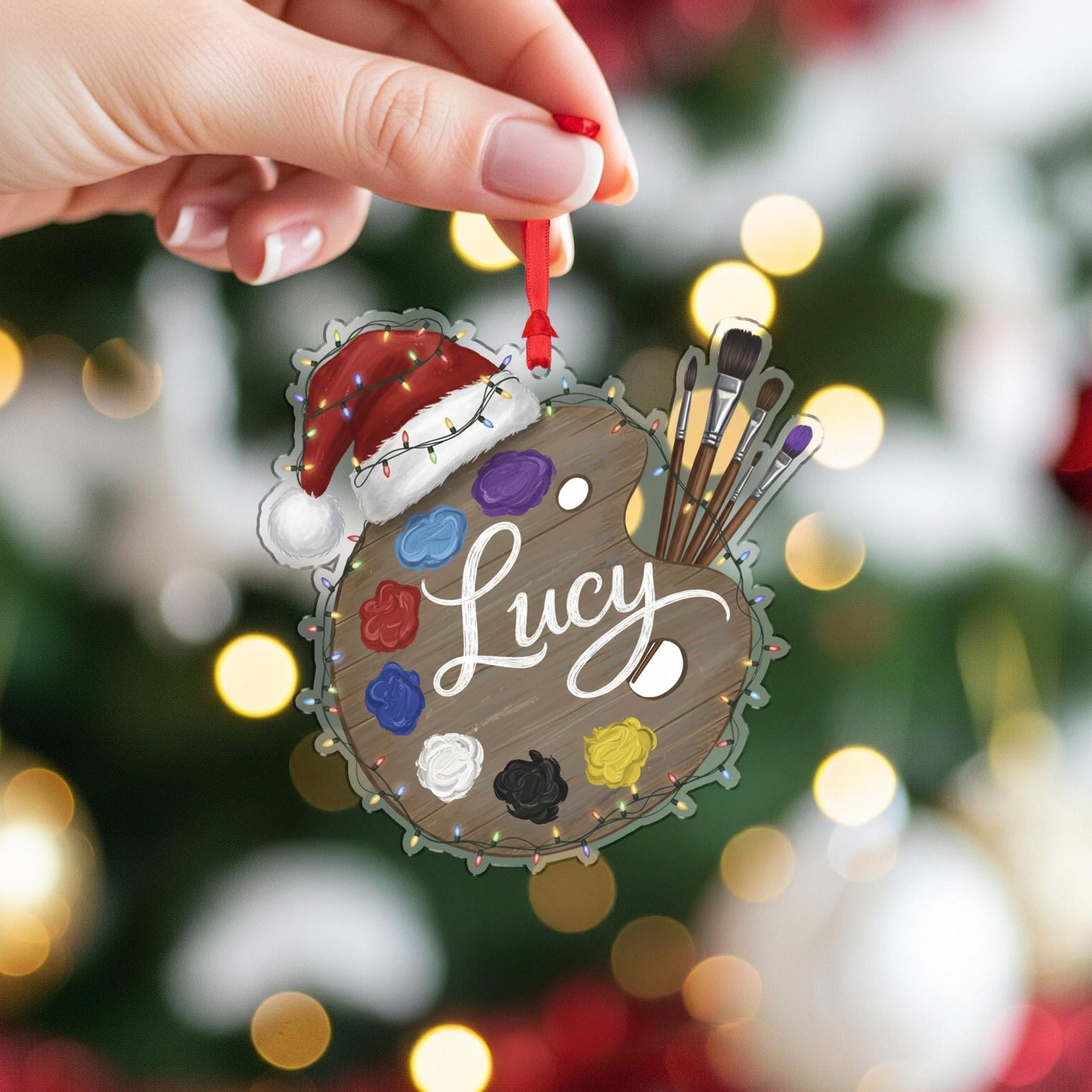 Personalized Artist Palette Christmas Acrylic Ornament; Custom Name Paint Brush Decor