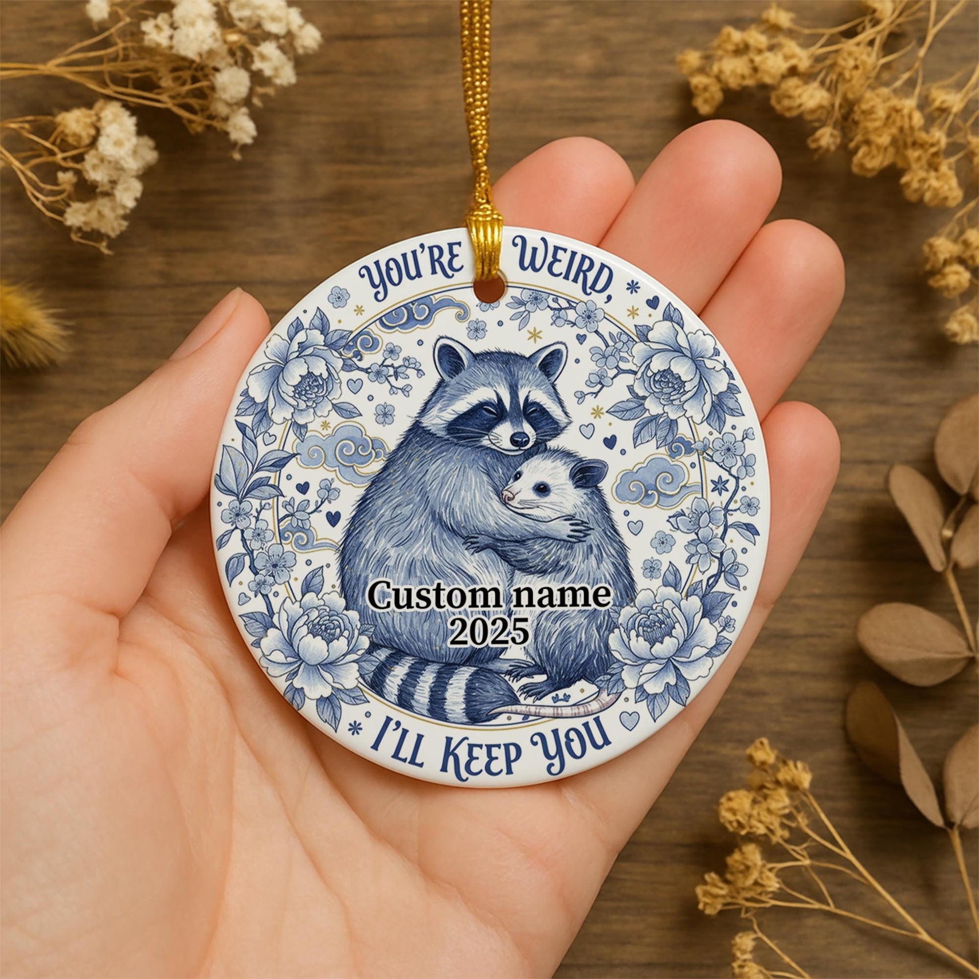 Personalized Raccoon Opossum Ceramic Ornament 2025; Humorous Weird Animal Decor