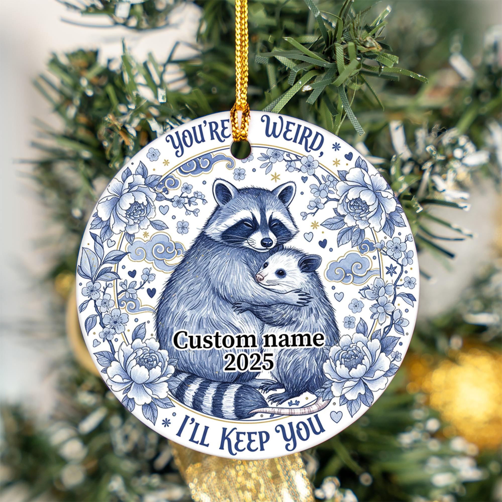 Personalized Raccoon Opossum Ceramic Ornament 2025; Humorous Weird Animal Decor