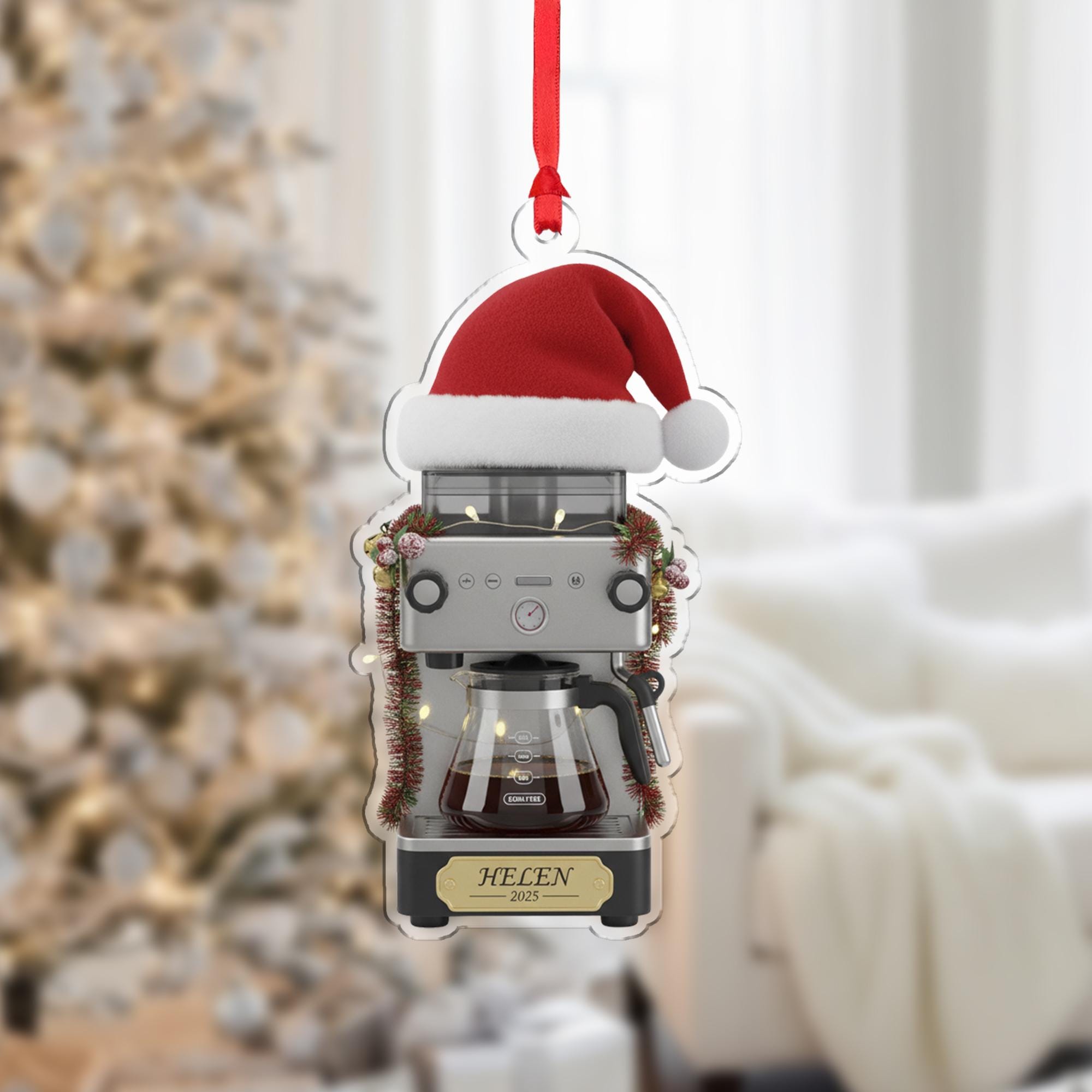 Personalized Drip Coffee Brewer Acrylic Ornament 2025; Espresso Machine Barista Decor