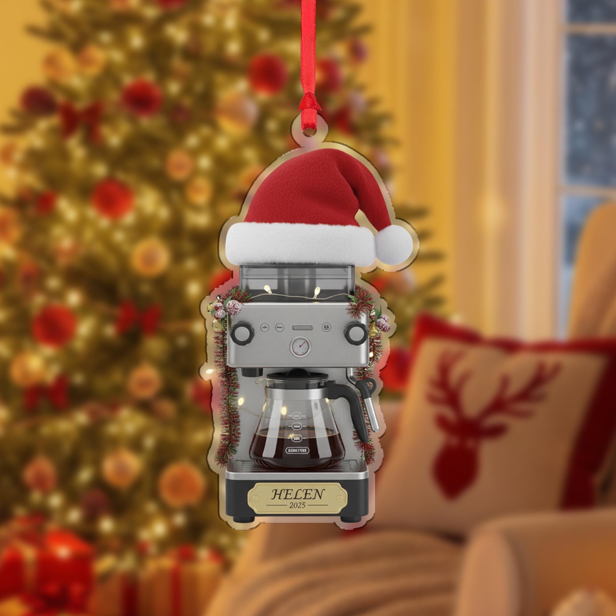 Personalized Drip Coffee Brewer Acrylic Ornament 2025; Espresso Machine Barista Decor