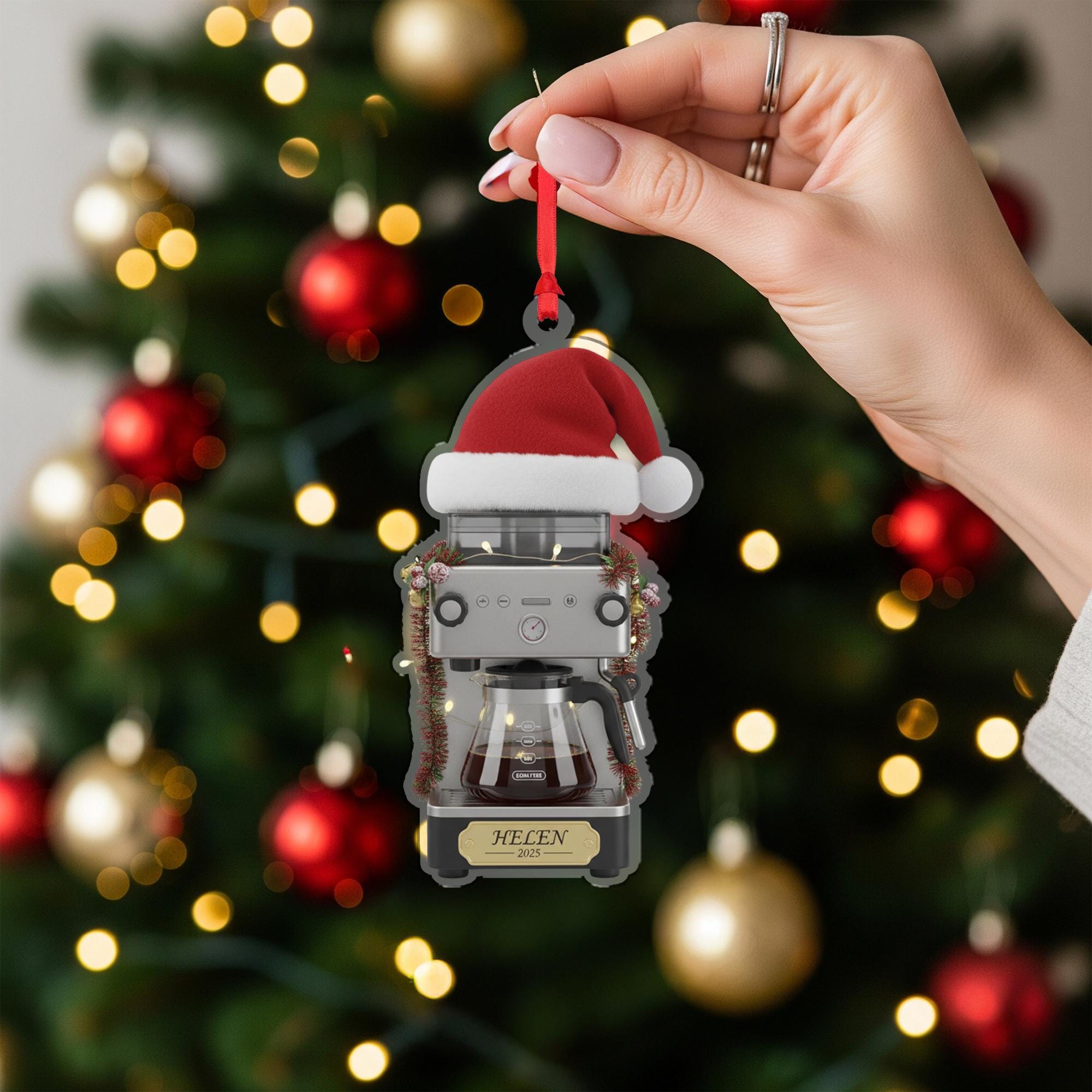 Personalized Drip Coffee Brewer Acrylic Ornament 2025; Espresso Machine Barista Decor