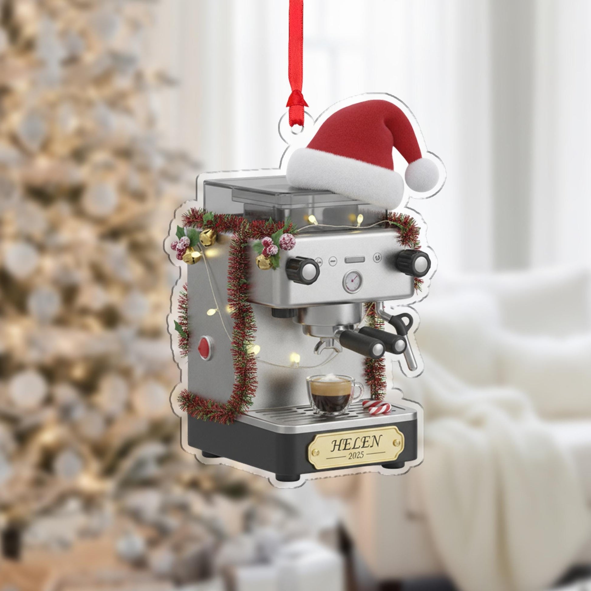 Personalized Espresso Machine Acrylic Ornament 2025; Barista Coffee Maker Decor
