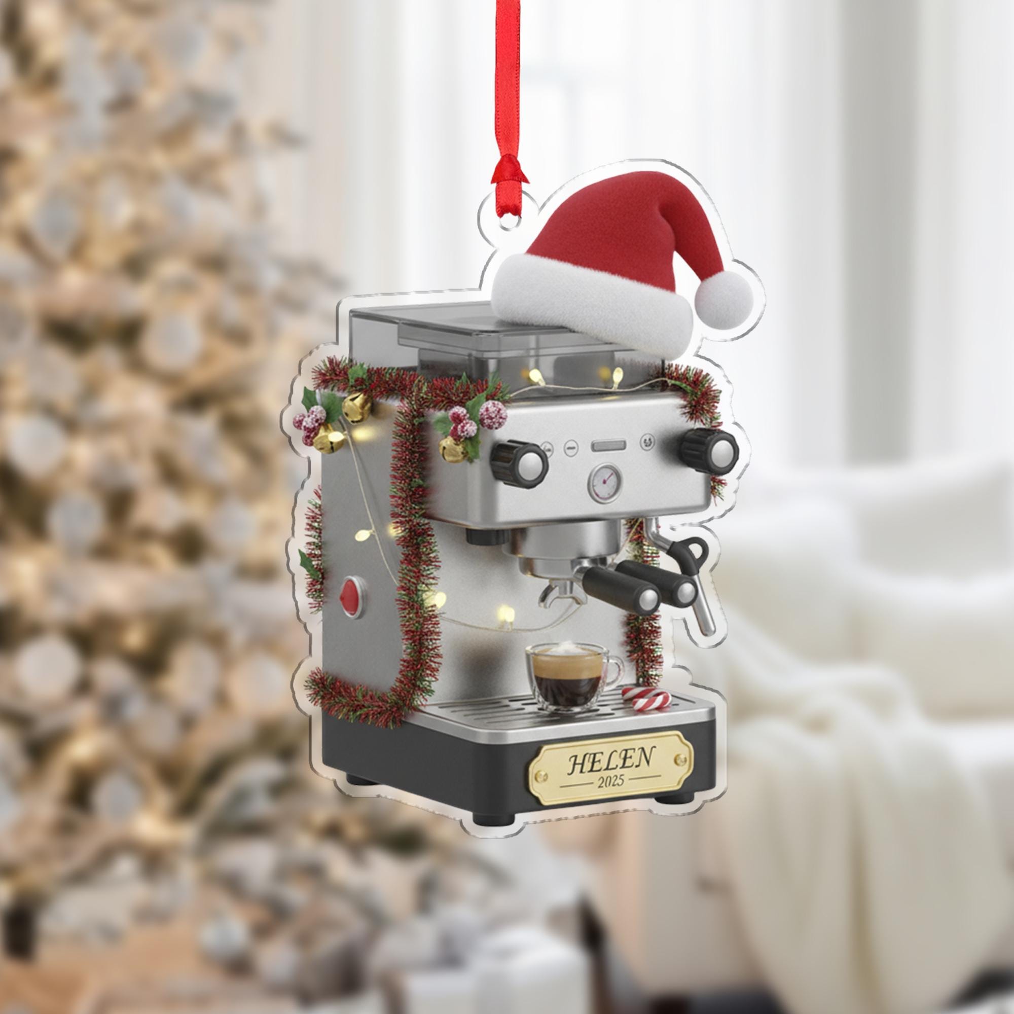Personalized Espresso Machine Acrylic Ornament 2025; Barista Coffee Maker Decor
