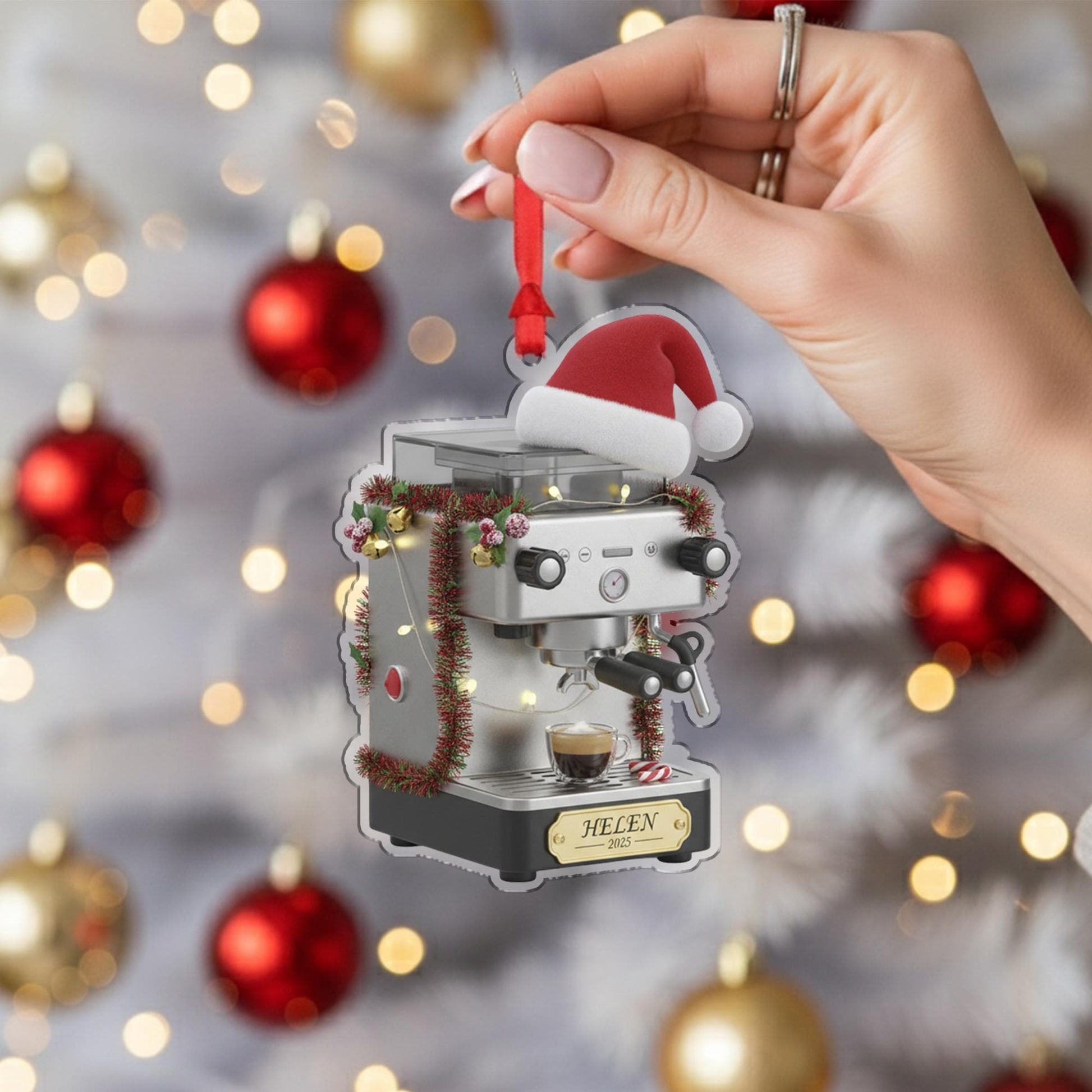 Personalized Espresso Machine Acrylic Ornament 2025; Barista Coffee Maker Decor