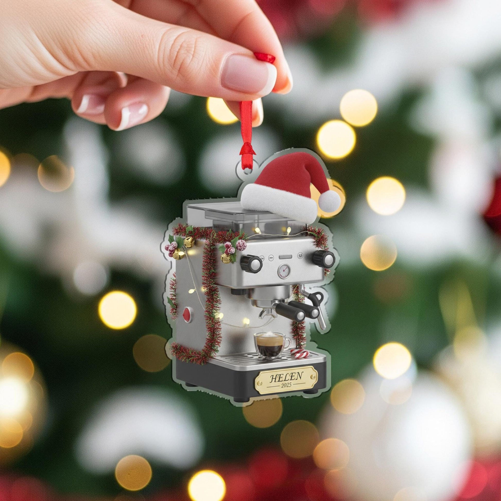 Personalized Espresso Machine Acrylic Ornament 2025; Barista Coffee Maker Decor