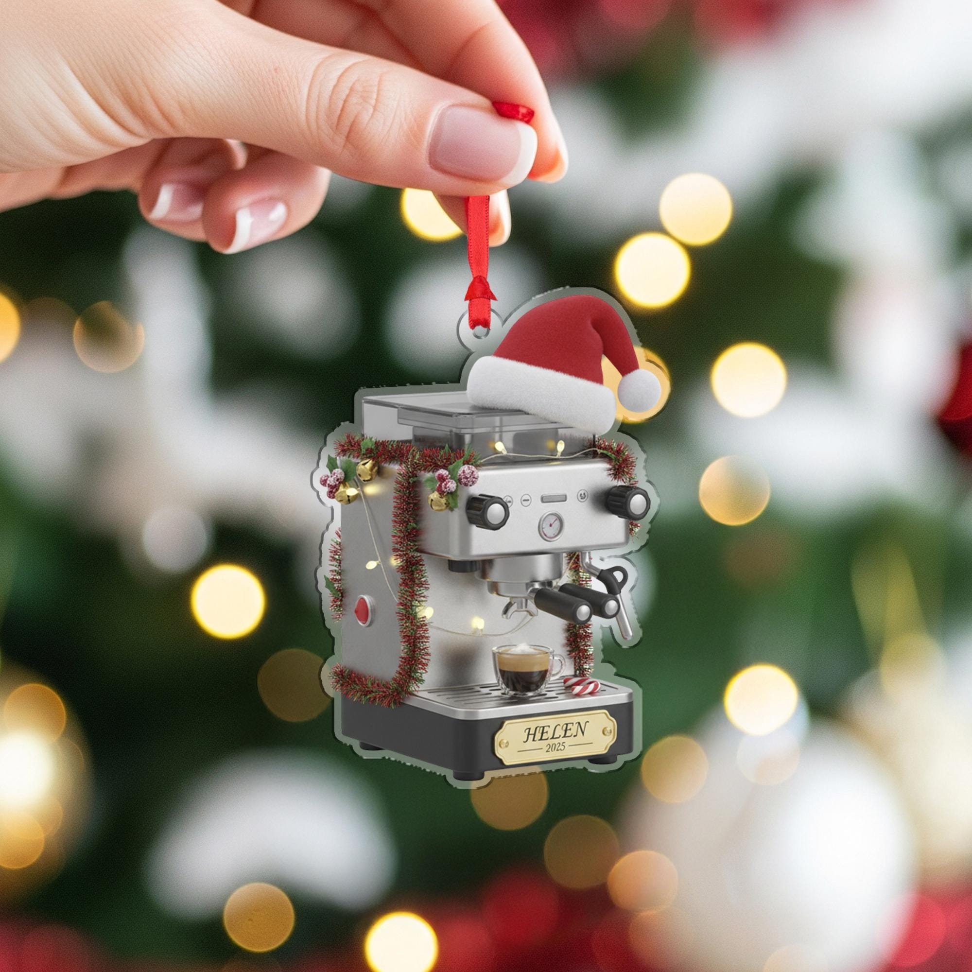Personalized Espresso Machine Acrylic Ornament 2025; Barista Coffee Maker Decor