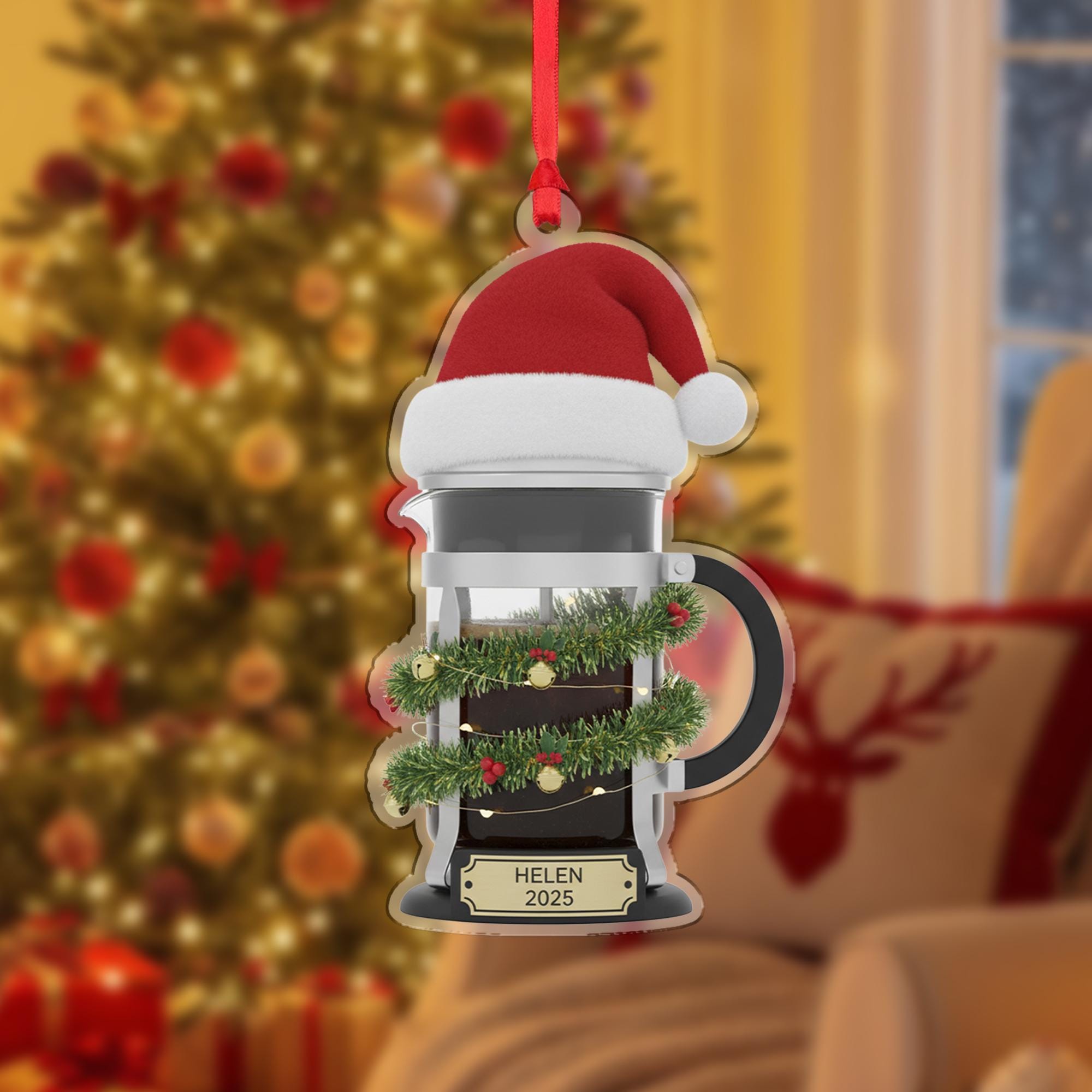 Personalized French Press Coffee Ornament 2025; Manual Brewer Barista Decor