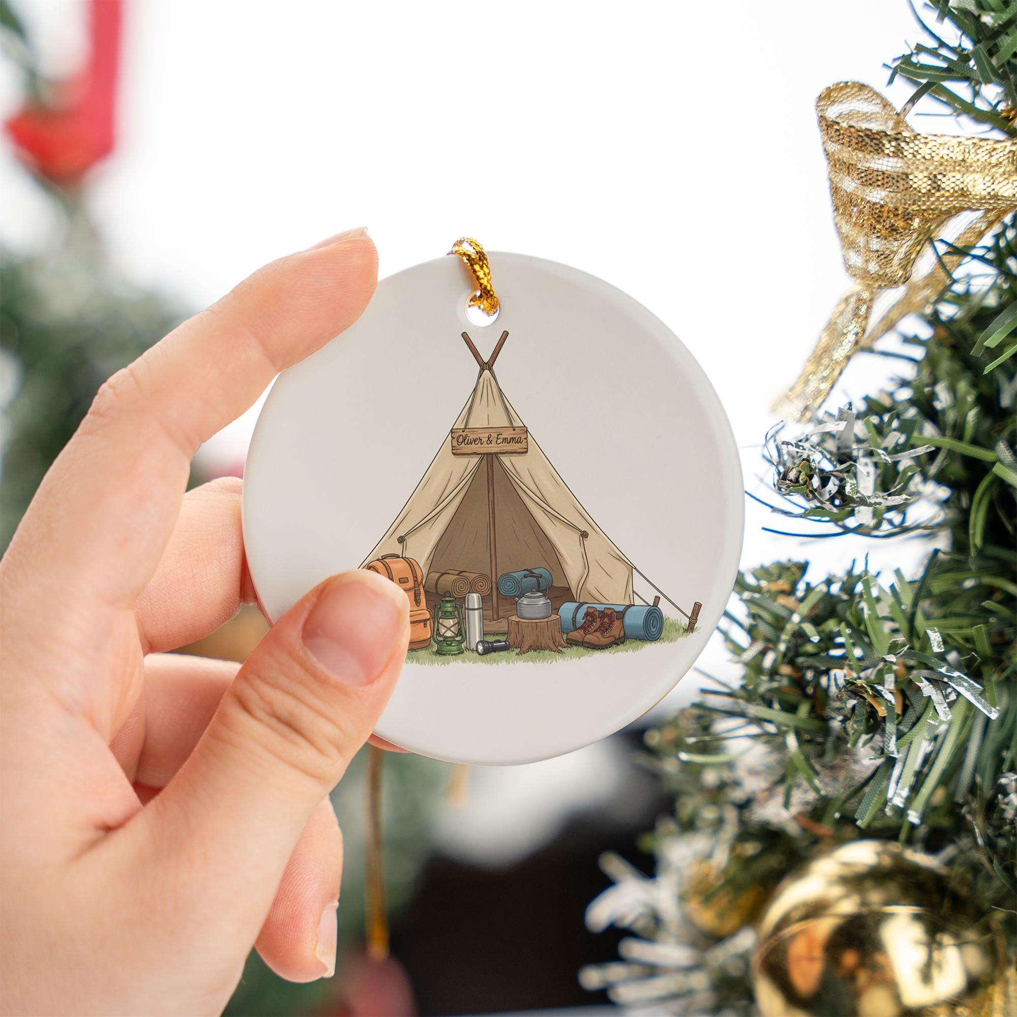 Personalized Camping Tent Ceramic Ornament; Custom Name Hiking Gear Decor