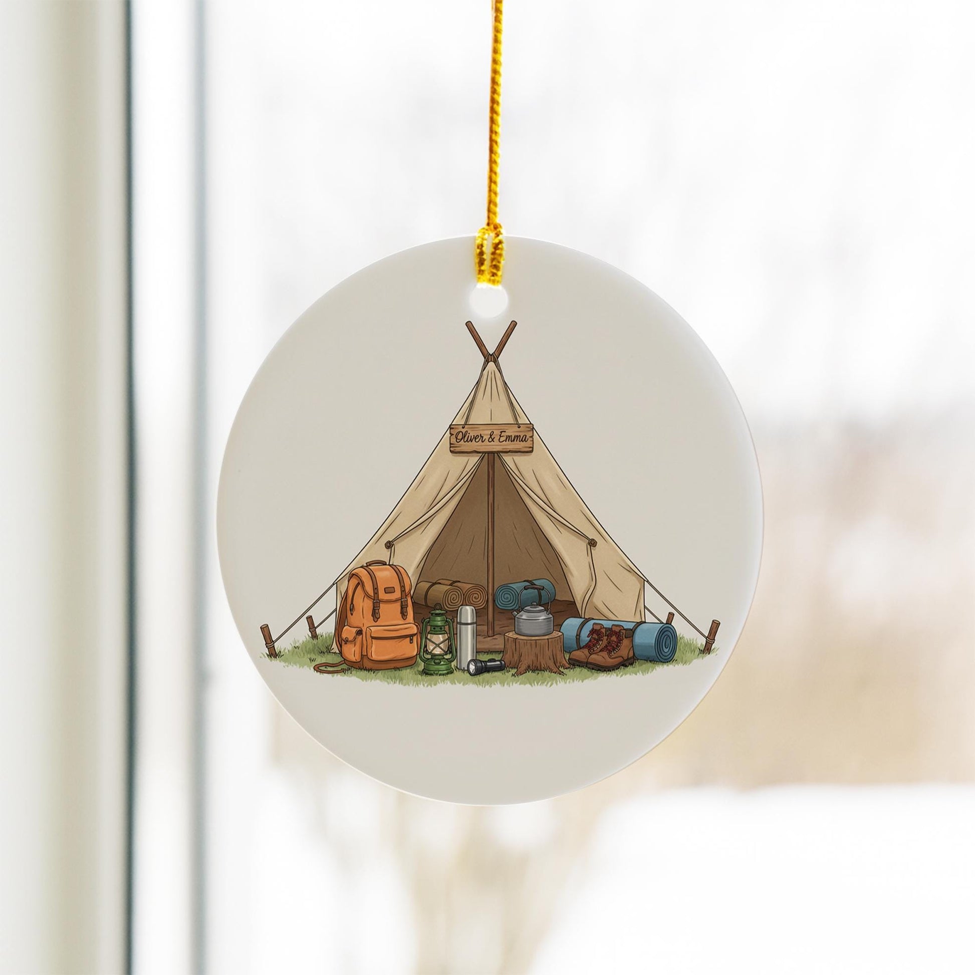 Personalized Camping Tent Ceramic Ornament; Custom Name Hiking Gear Decor