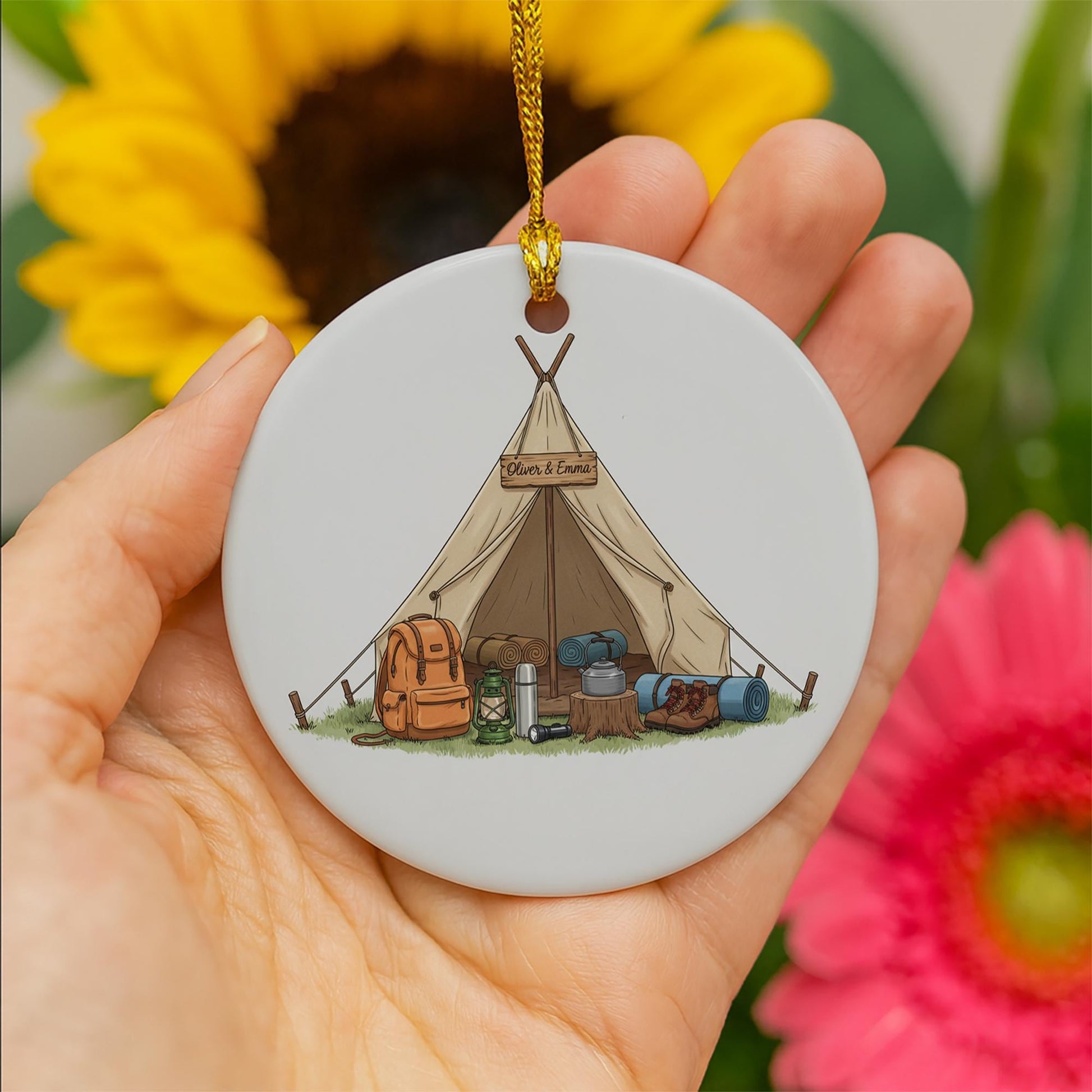 Personalized Camping Tent Ceramic Ornament; Custom Name Hiking Gear Decor