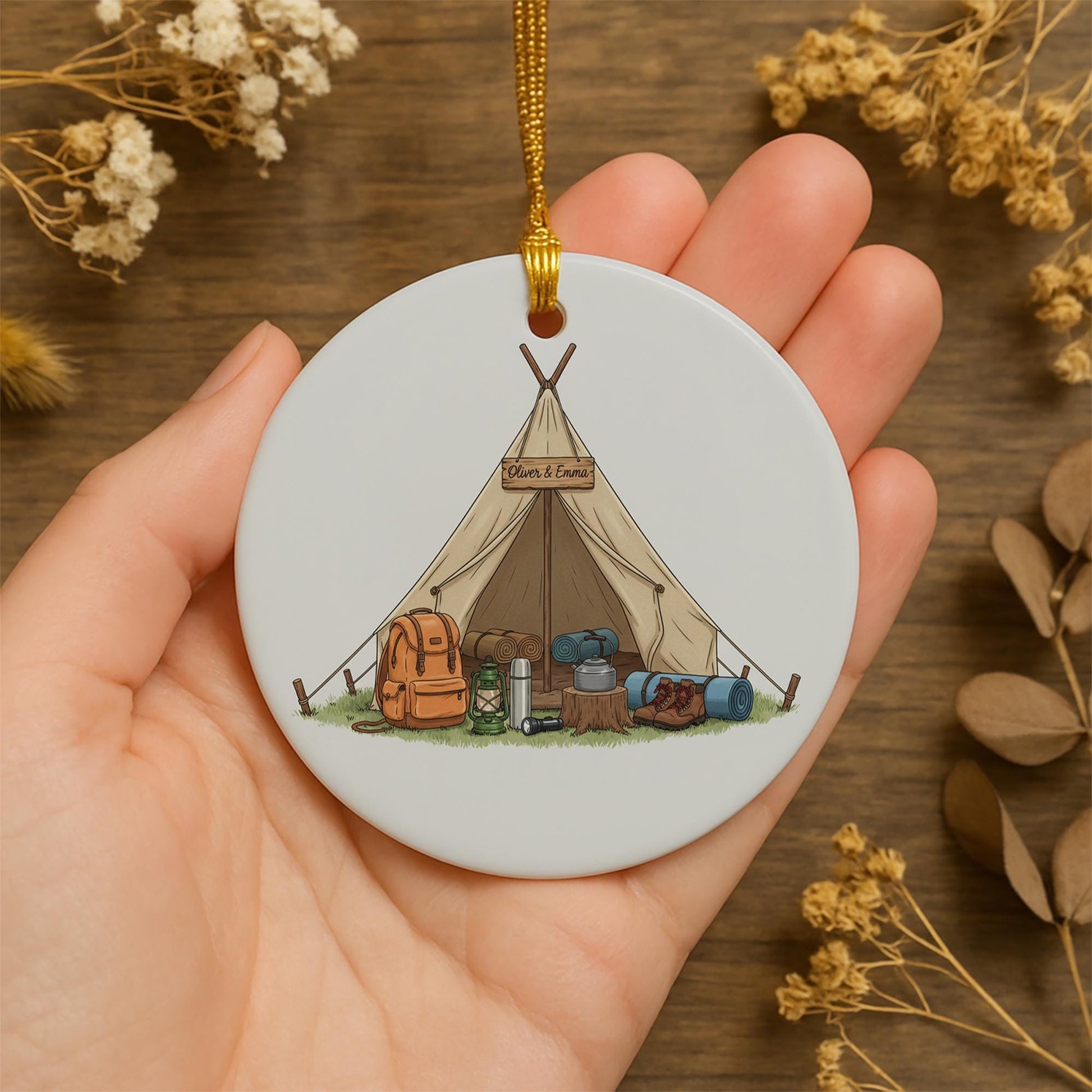 Personalized Camping Tent Ceramic Ornament; Custom Name Hiking Gear Decor