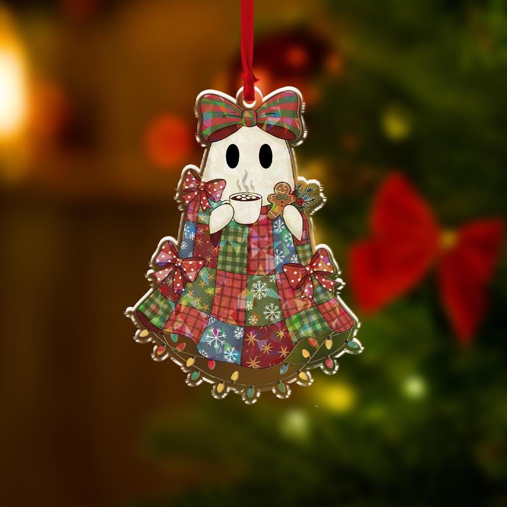 Hologram Christmas Ghost Ornament – Patchwork Plaid Holiday Decor – Hot Cocoa Ghost