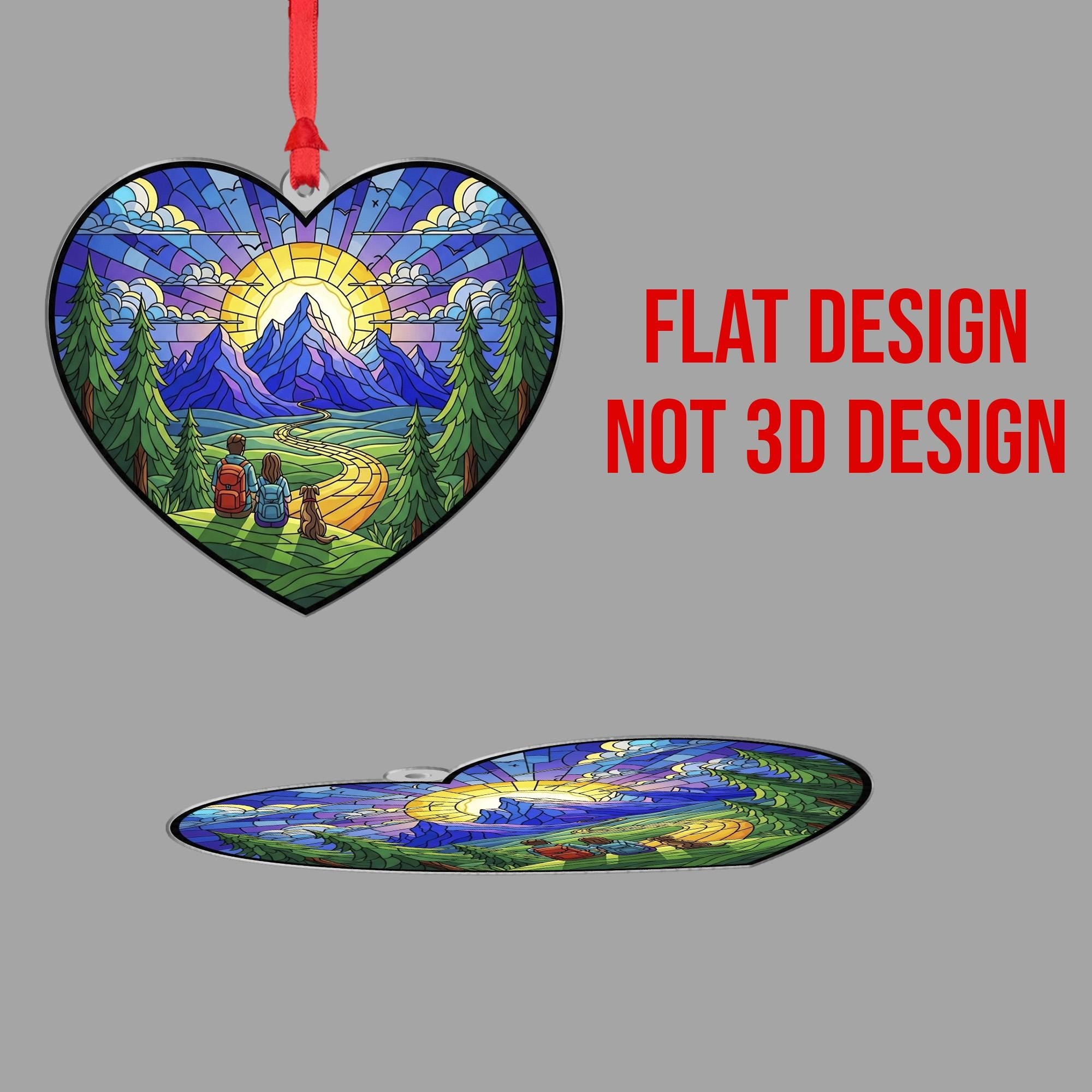 Stained Glass Style Mountain Hiking Heart Ornament; Nature Landscape Acrylic Decor
