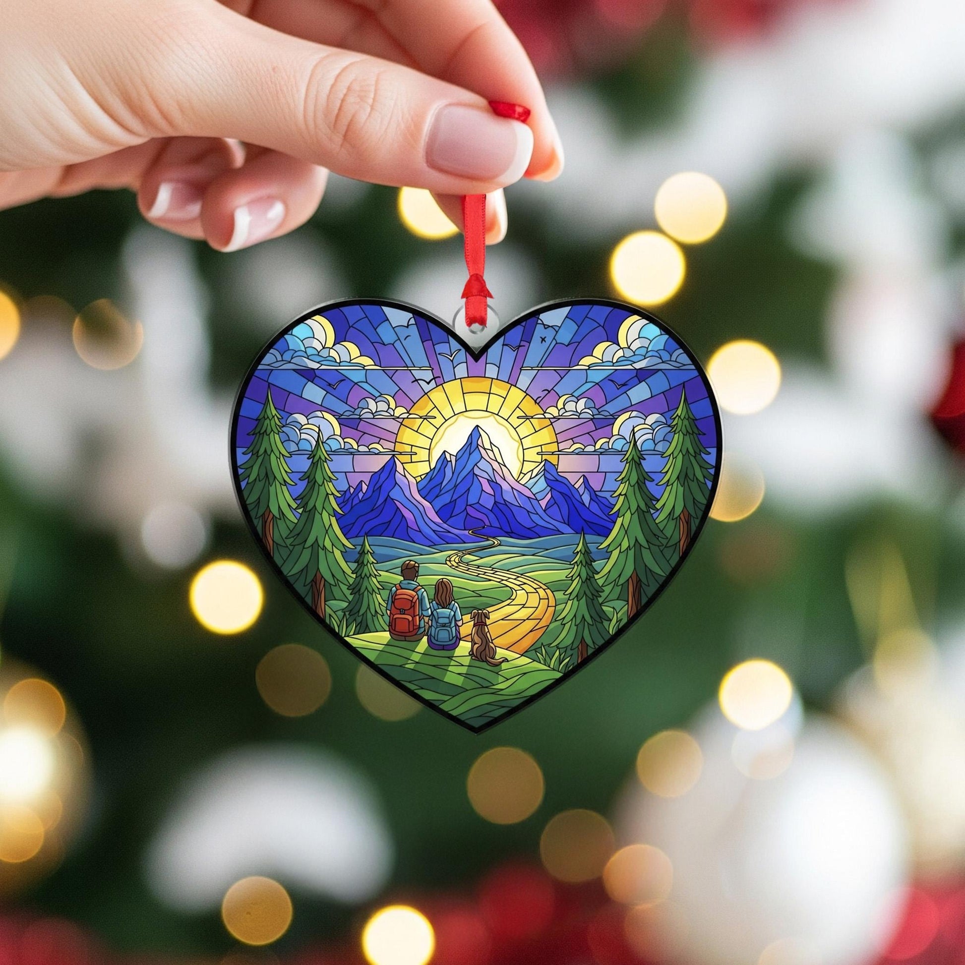Stained Glass Style Mountain Hiking Heart Ornament; Nature Landscape Acrylic Decor