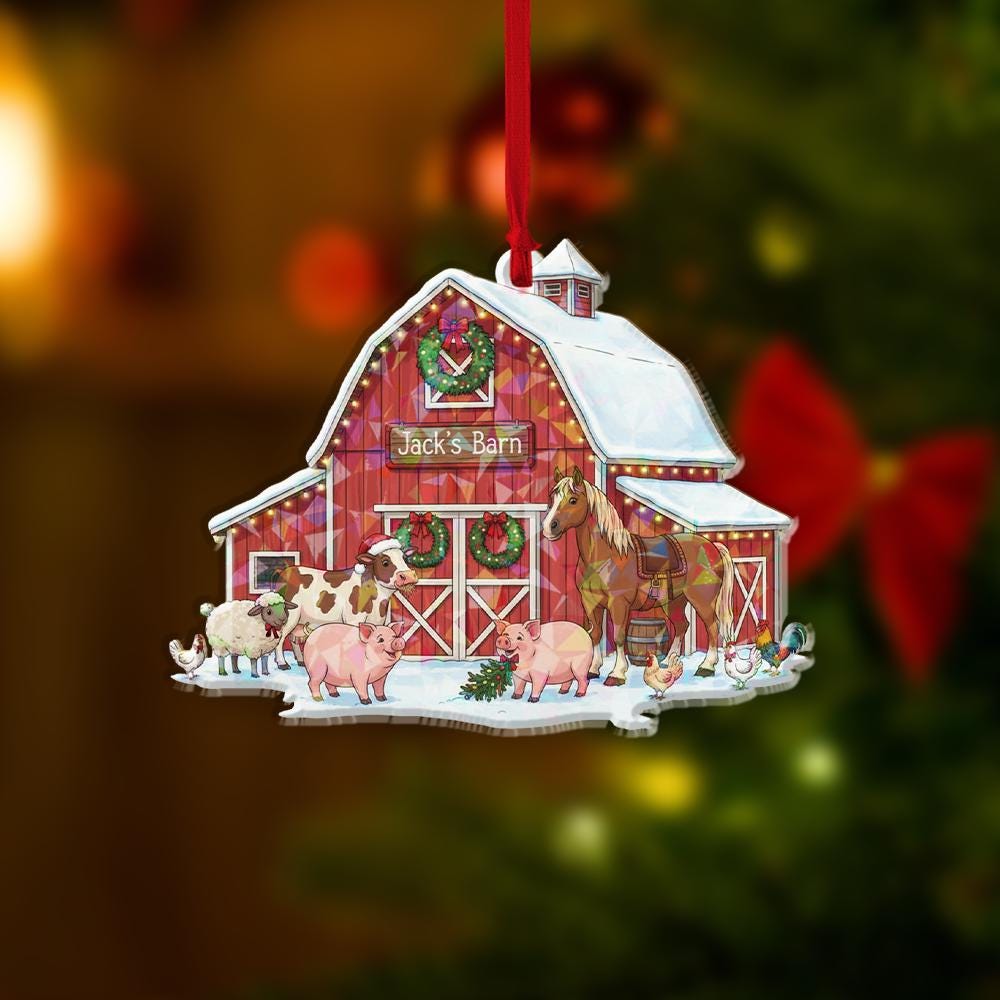 Personalized Farm Animal Ornament: Custom Red Barn Christmas Decor
