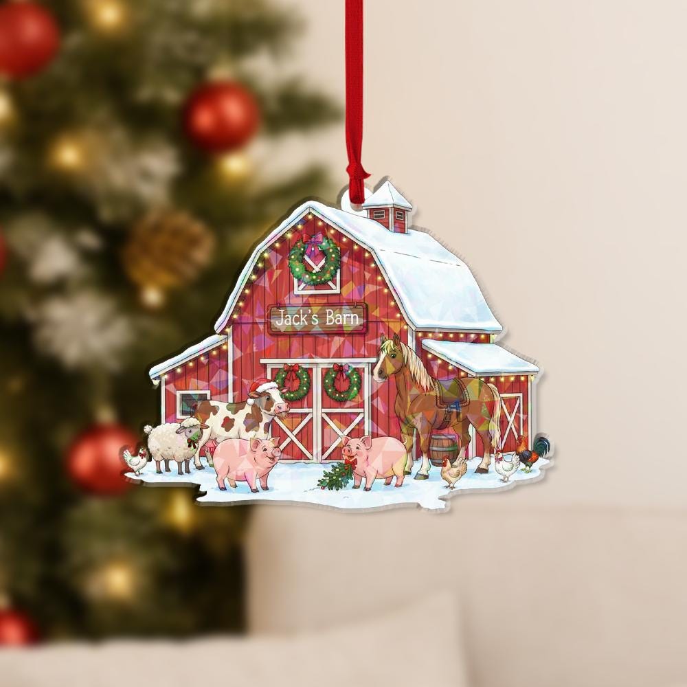 Personalized Farm Animal Ornament: Custom Red Barn Christmas Decor