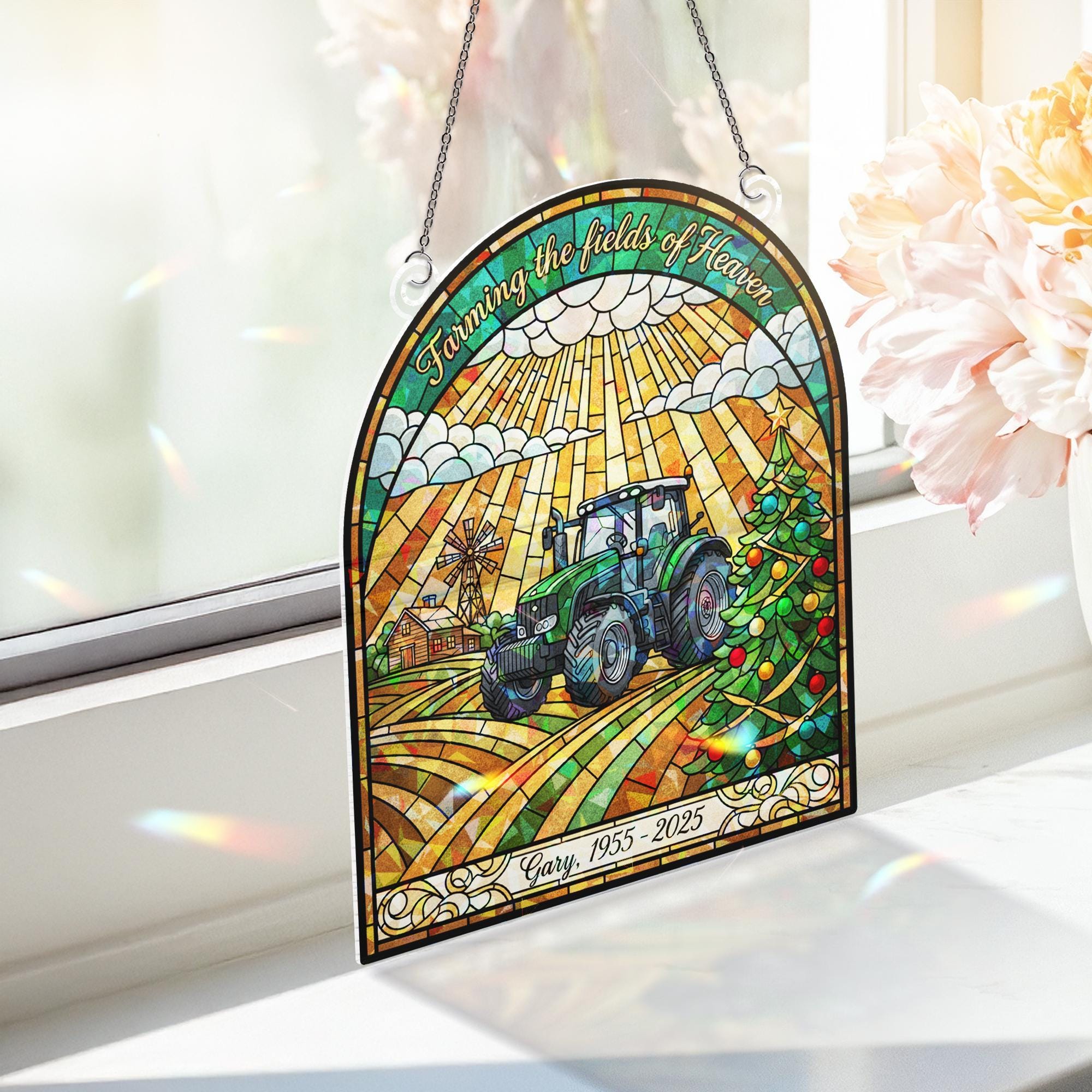 Personalized Stained Glass Effect Farmer Memorial Window Hanging; Green Tractor