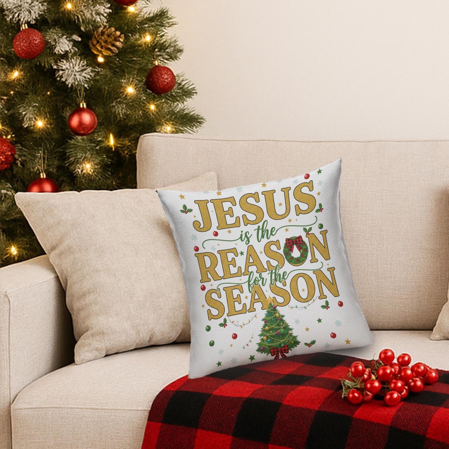 Jesus Is the Reason Pillow – Christian Christmas Pillow – Religious Holiday Home Decor