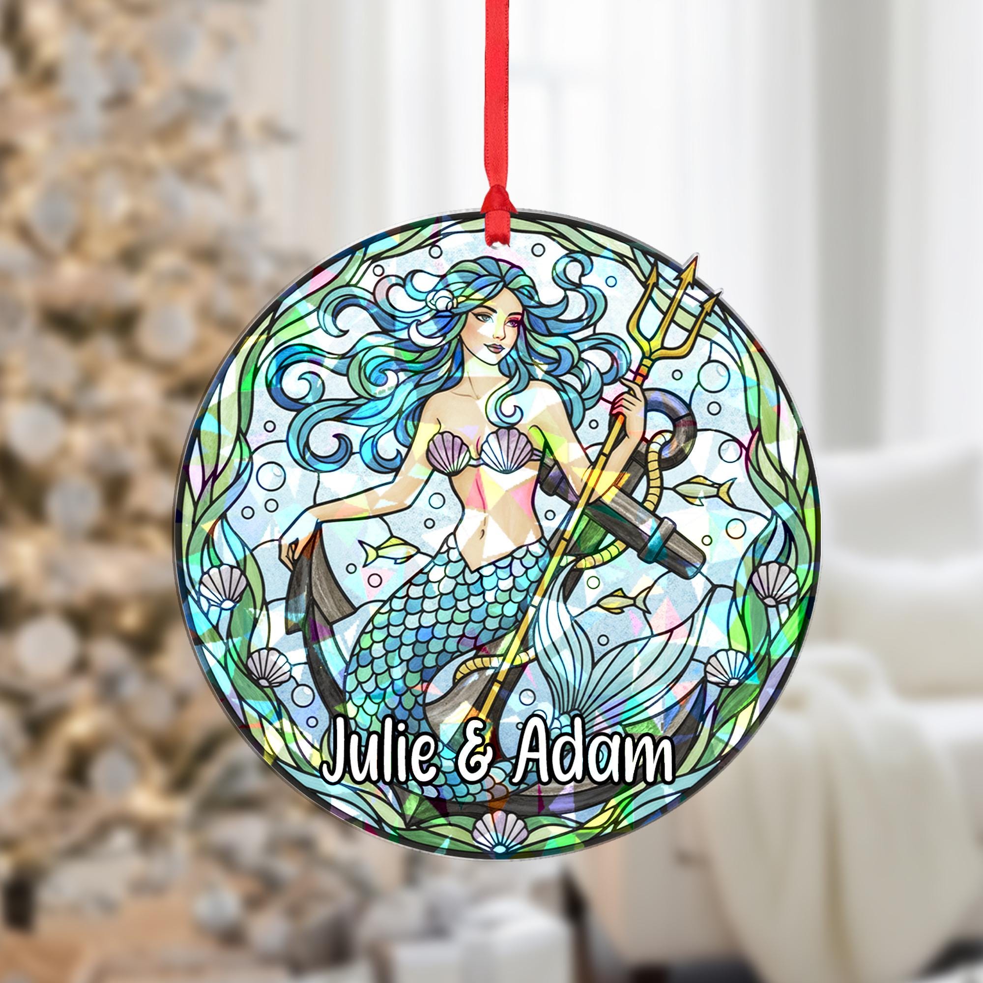 Personalized Mermaid Holographic Ornament – Custom Name Christmas Tree Decoration