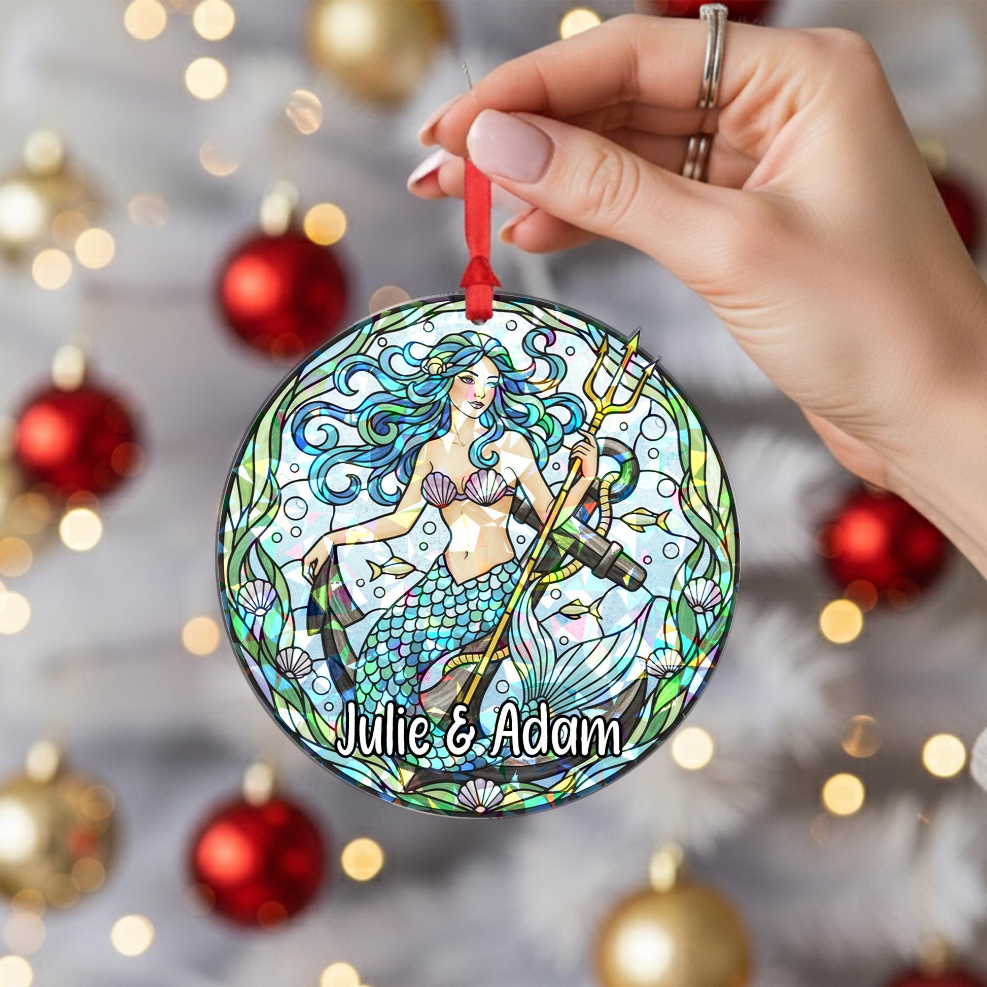 Personalized Mermaid Holographic Ornament – Custom Name Christmas Tree Decoration