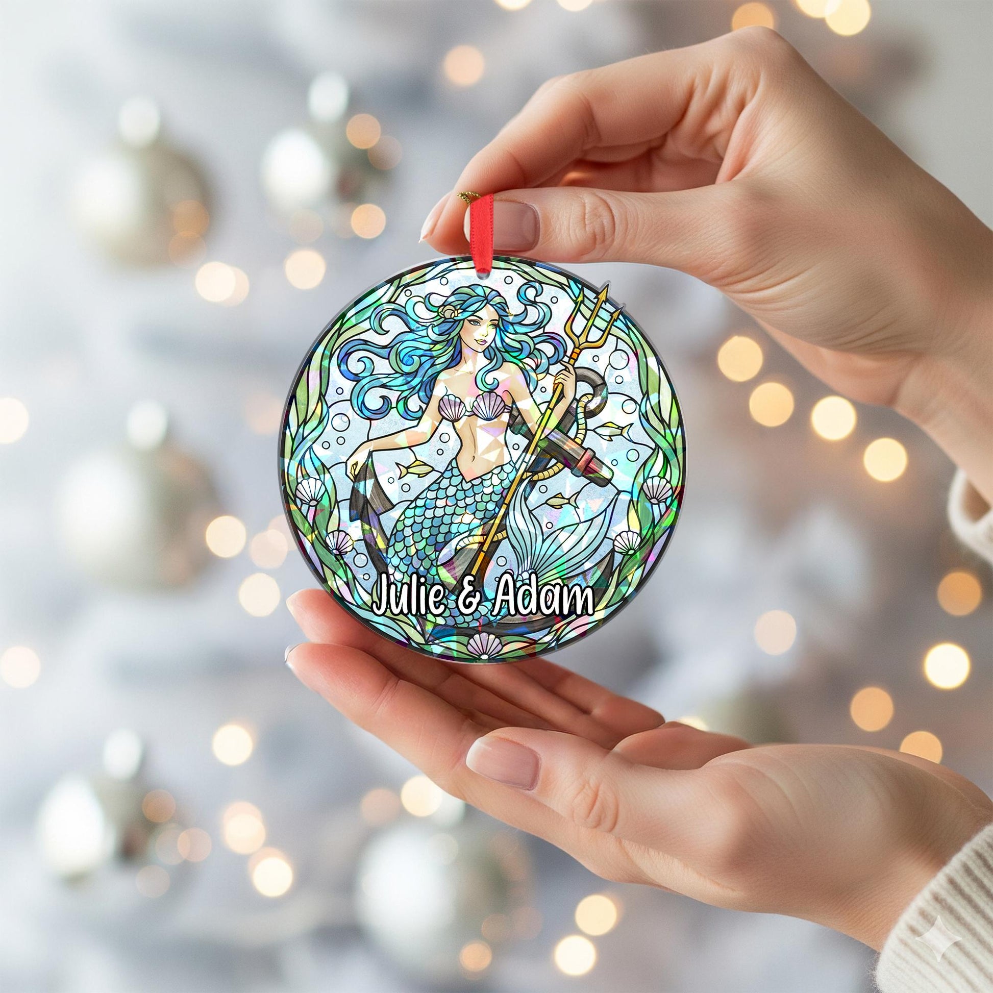 Personalized Mermaid Holographic Ornament – Custom Name Christmas Tree Decoration