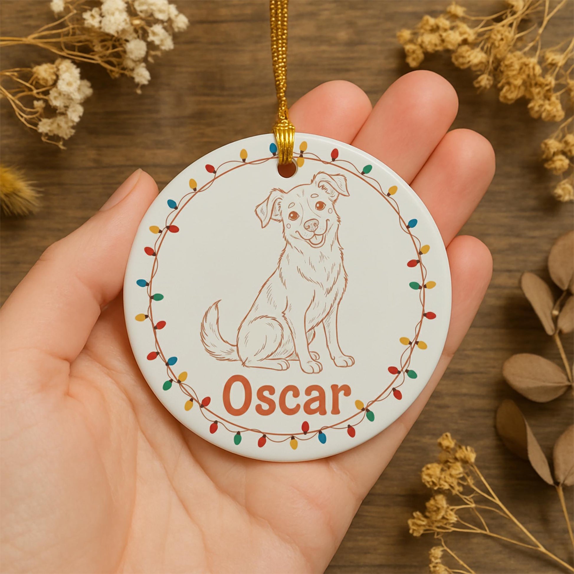 Personalized Dog Portrait Line Art Ceramic Ornament; Custom Name Pet Keepsake