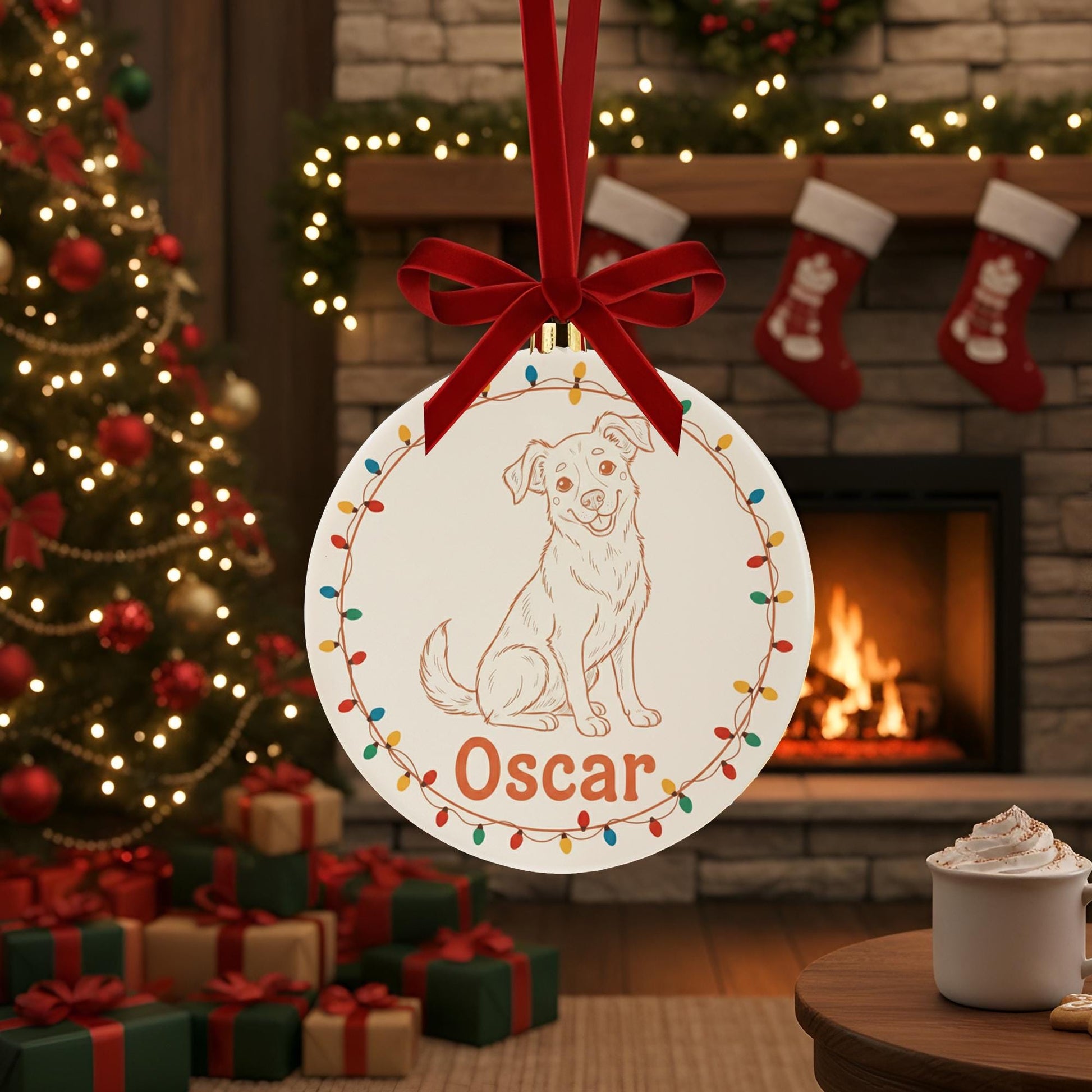 Personalized Dog Portrait Line Art Ceramic Ornament; Custom Name Pet Keepsake